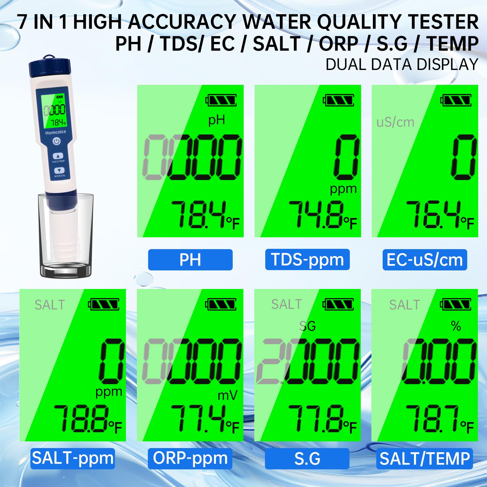 Misuratore pH digitale 7 in 1, professionale PH TDS EC SALT ORP S.G Temperatura Meter, Tester Qualità Acqua d'alta precisione per acquari, piscine, acqua potabile e idroponica