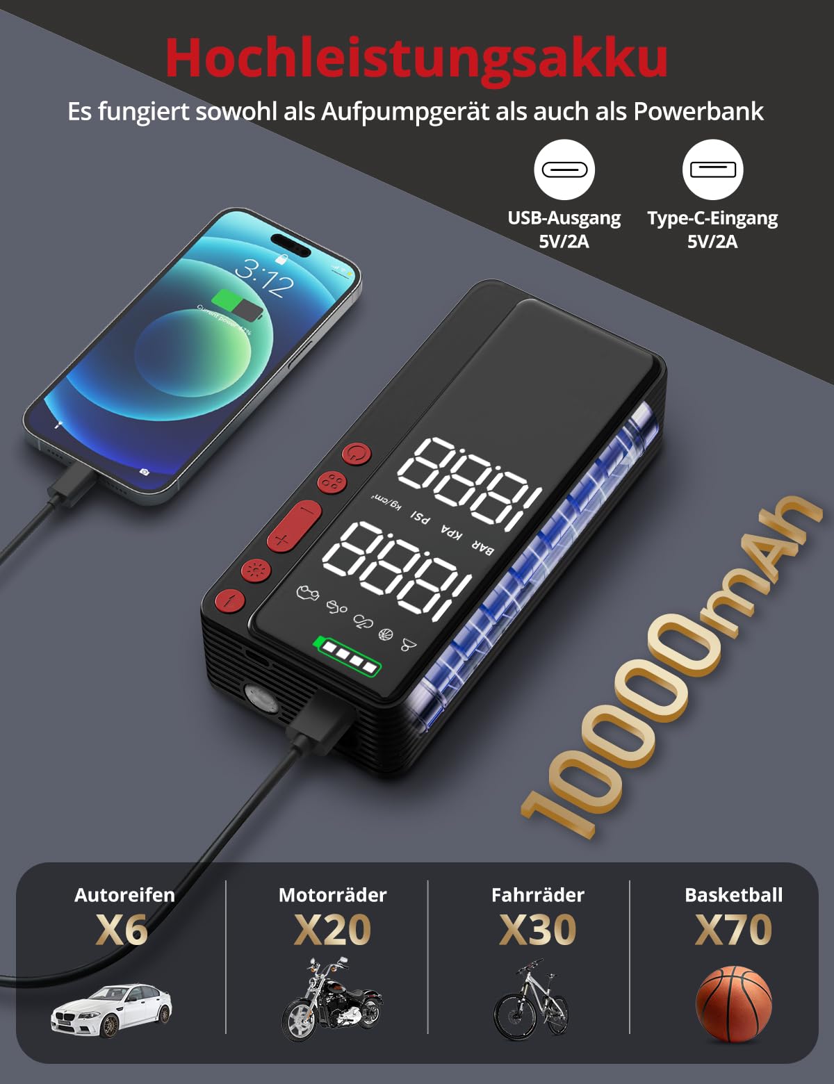 Demkia Gonfleur Pneus Voiture sans Fil, 10000mAh Mini Compresseur à Air Portatif, Portatif Gonfleur Electrique, 150 PSI avec Écran Numérique et Éclairage LED pour Vélo, Voiture, Moto, Ballon