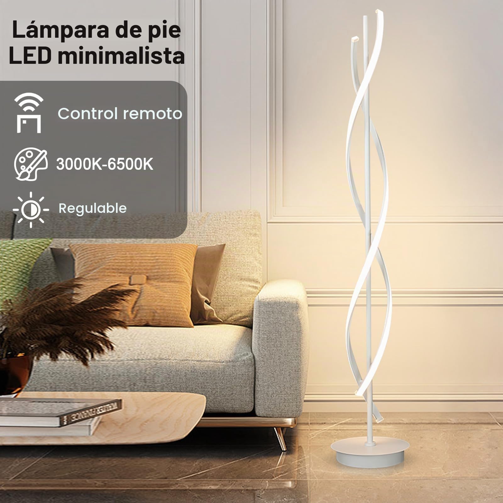 Lámpara de pie LED, Espiral blanca Regulable, Diseño moderno de interiores, Iluminación decorativa, Ahorro de energía