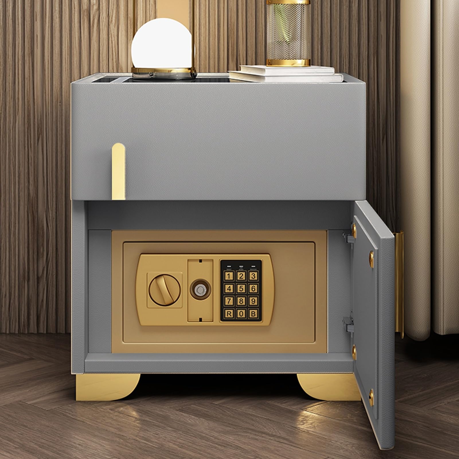Table de nuit intelligente avec coffre-fort caché et plateau en verre trempé