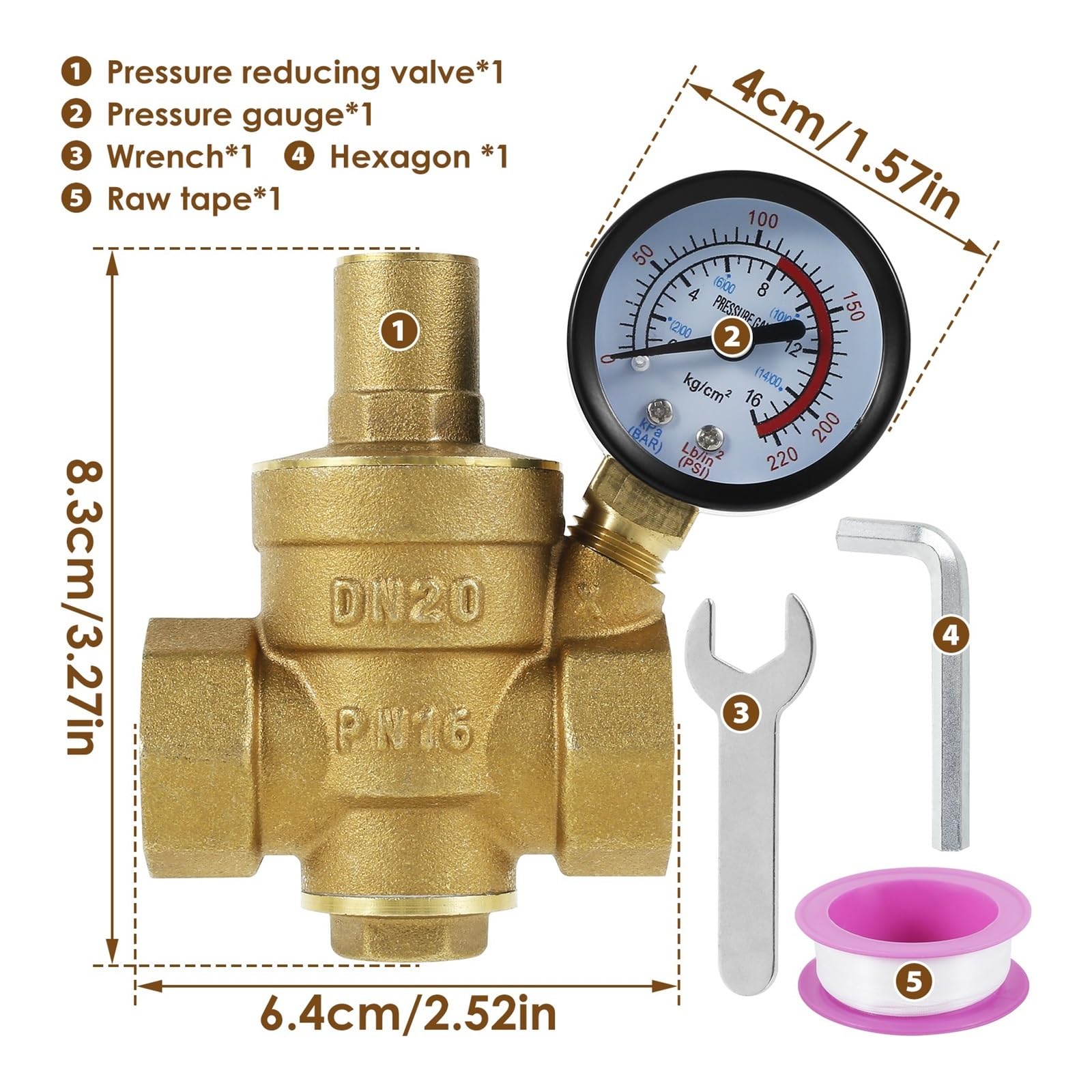 regulador de presion agua Válvula Reguladora de presión de agua de latón DN20 de 3/4 pulgadas, reductor de presión de agua, regulador DN15, medidor de válvula de alivio ajustable(DN15)