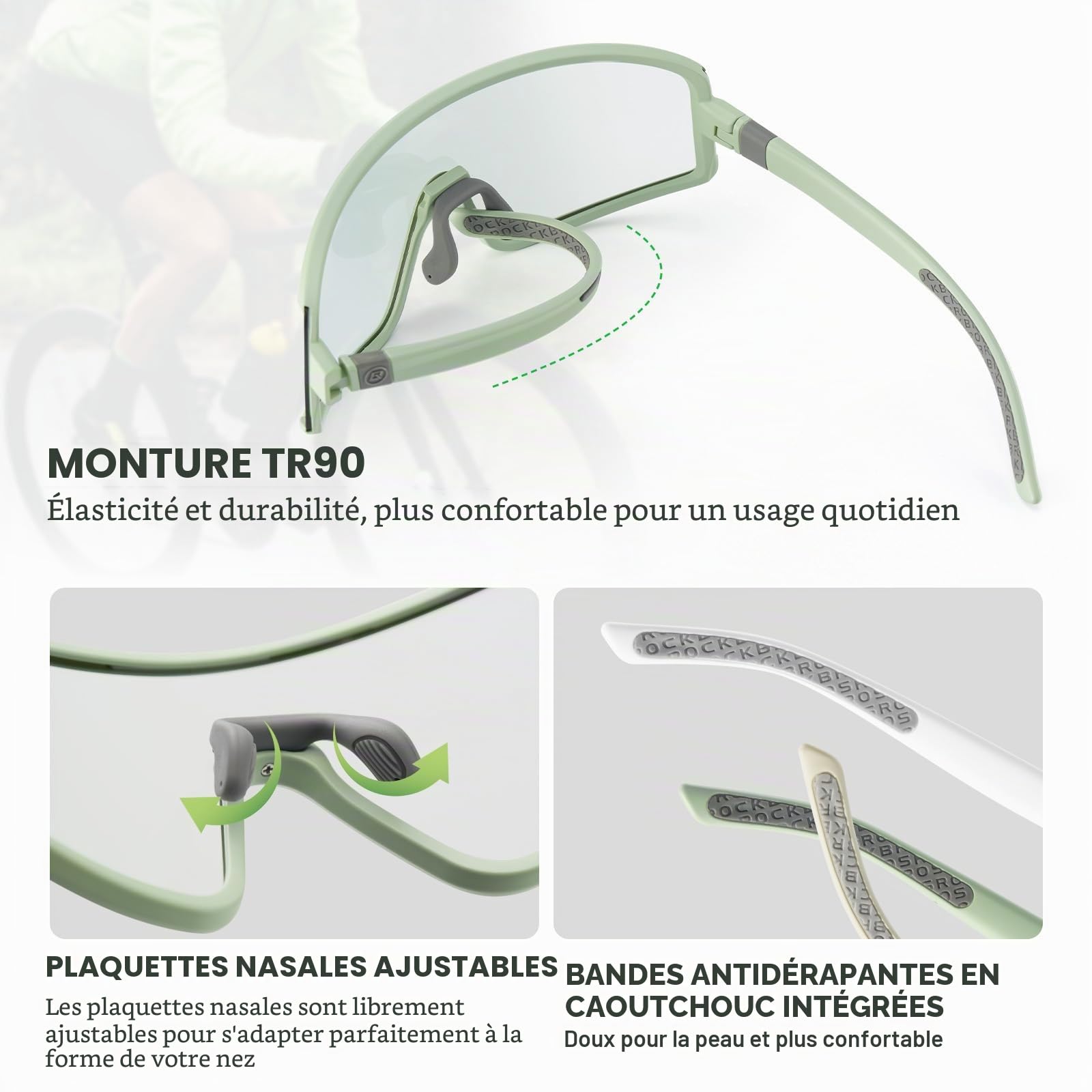 ROCKBROS Lunette de Cyclisme Photochromique, Lunettes de Soleil Anti-buée, Ultra-Légère UV400 TR90 Monture, pour Homme Femme Vélo Sports Outdoor