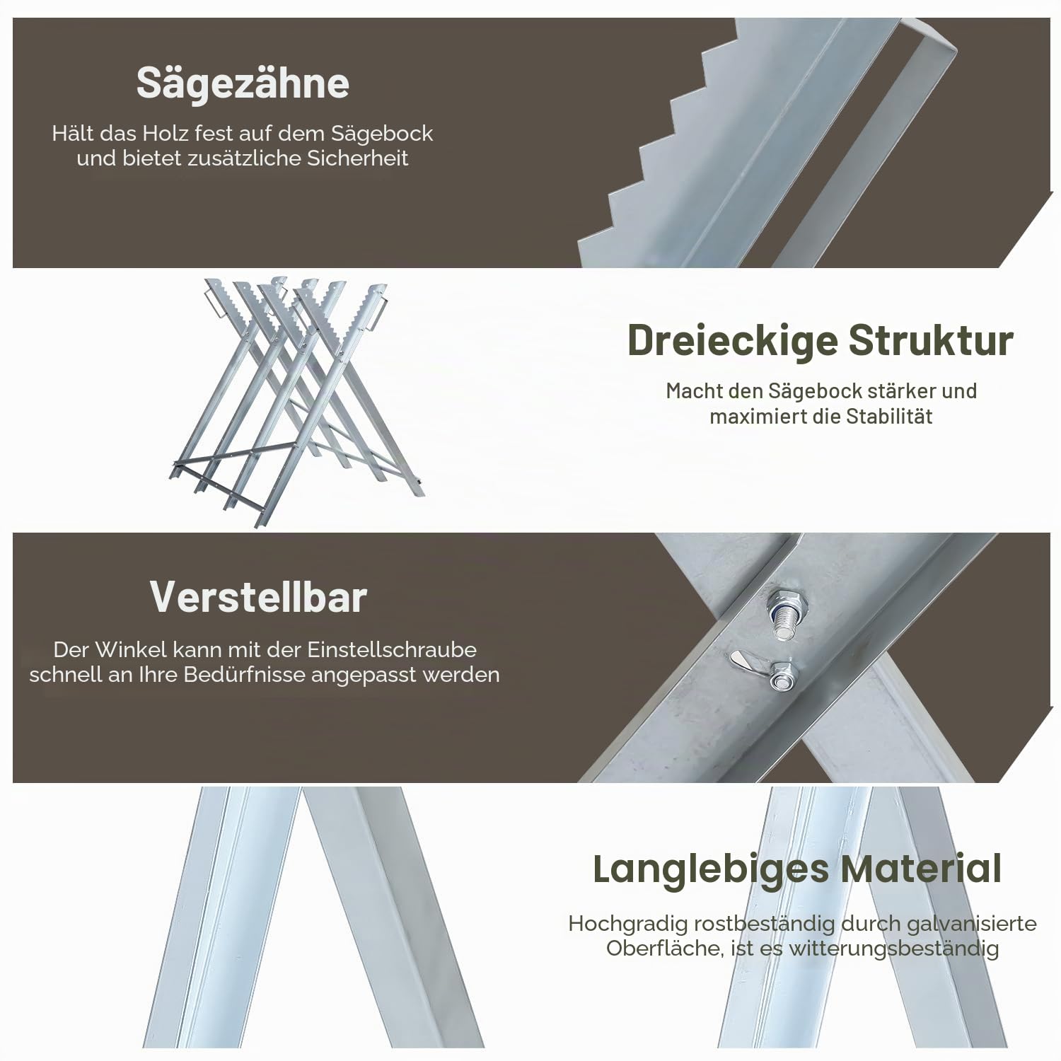 sägebock für kettensägen, stabiler sägebock klappbar aus verzinktem Metall, sägebock holz bis 150 kg, sägebock für kettensäge mit Zahnhaltern, faltbarer Holzsägebock 80 cm Arbeitshöhe