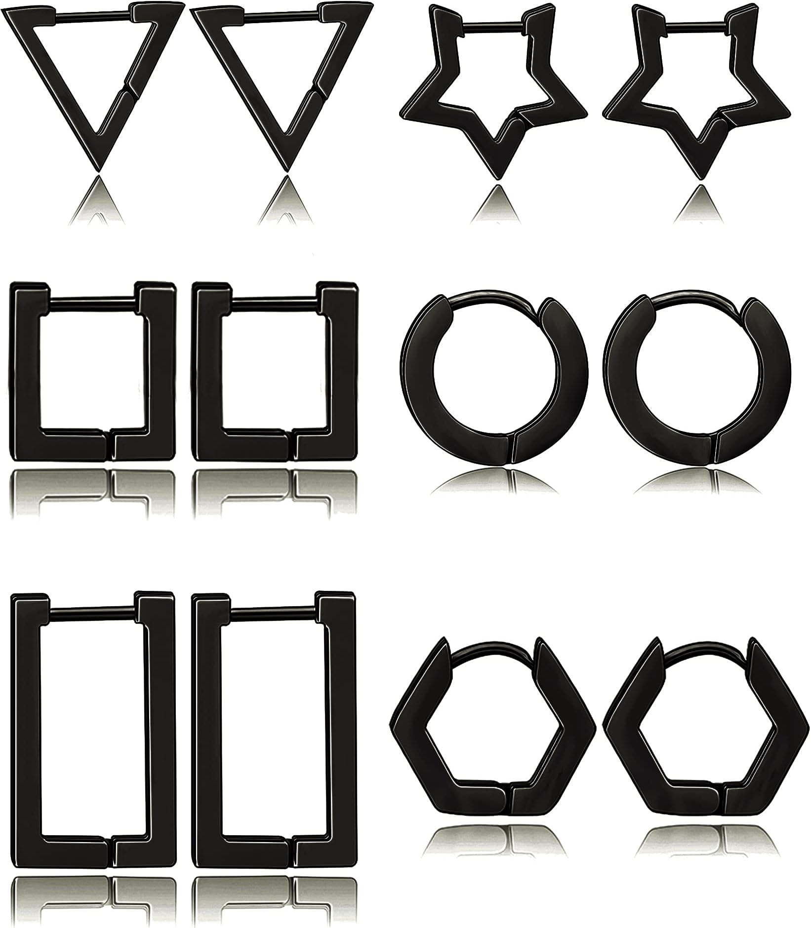 Ofeiyaa6 Pairs Hoop Earrings Stainless Steel Small Dainty Geometric Square Triangle Star Rectangle Minimalist Huggies Earrings for Women Girls Gold Silver Black Tone
