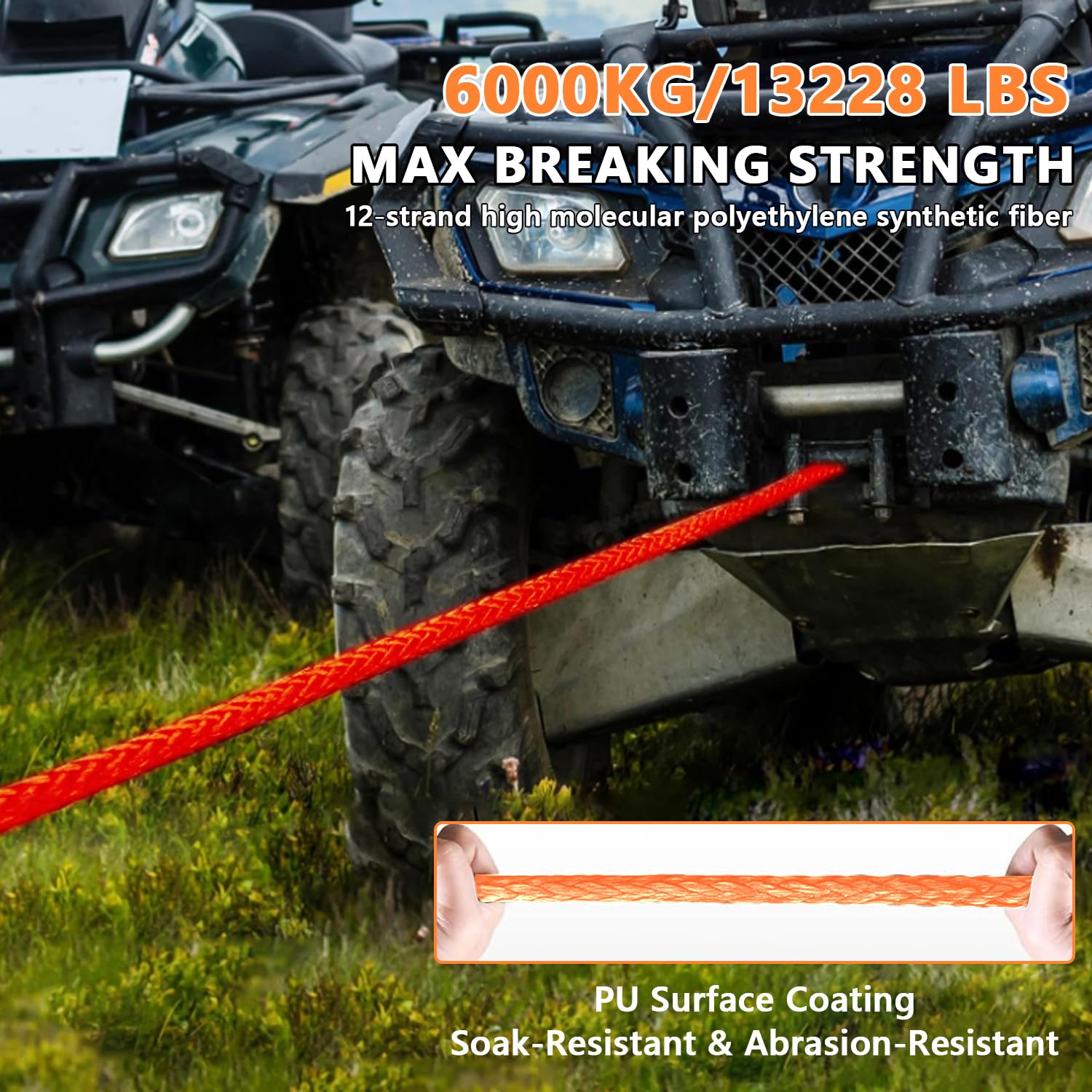 Winch Cable, 8 mm x 15 m Cuerda Cabrestante, Cuerda Sintética 12 Hilos con Funda Protectora y Gancho Metálico, Cuerda Forestal, Fuerza Tracción Máxima 6000 kg, para ATV, UTV, SUV, Todoterreno