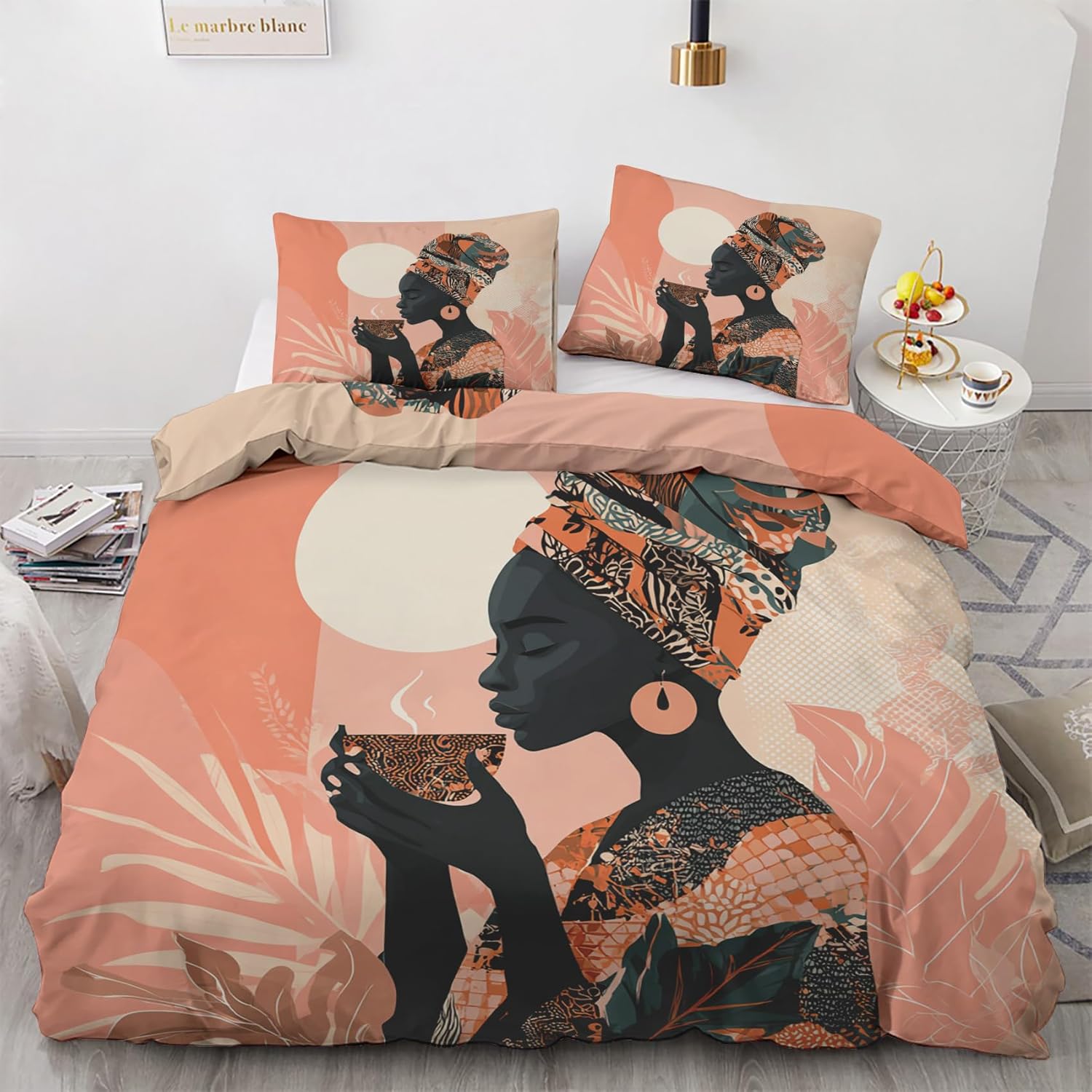 African American Duvet Cover Queen Size, Geometric Plants Bedding Set 3-Piece, Soft Microfiber Reversible Boho Black Woman Comforter Cover with Zipper Closure 90x90 Inches