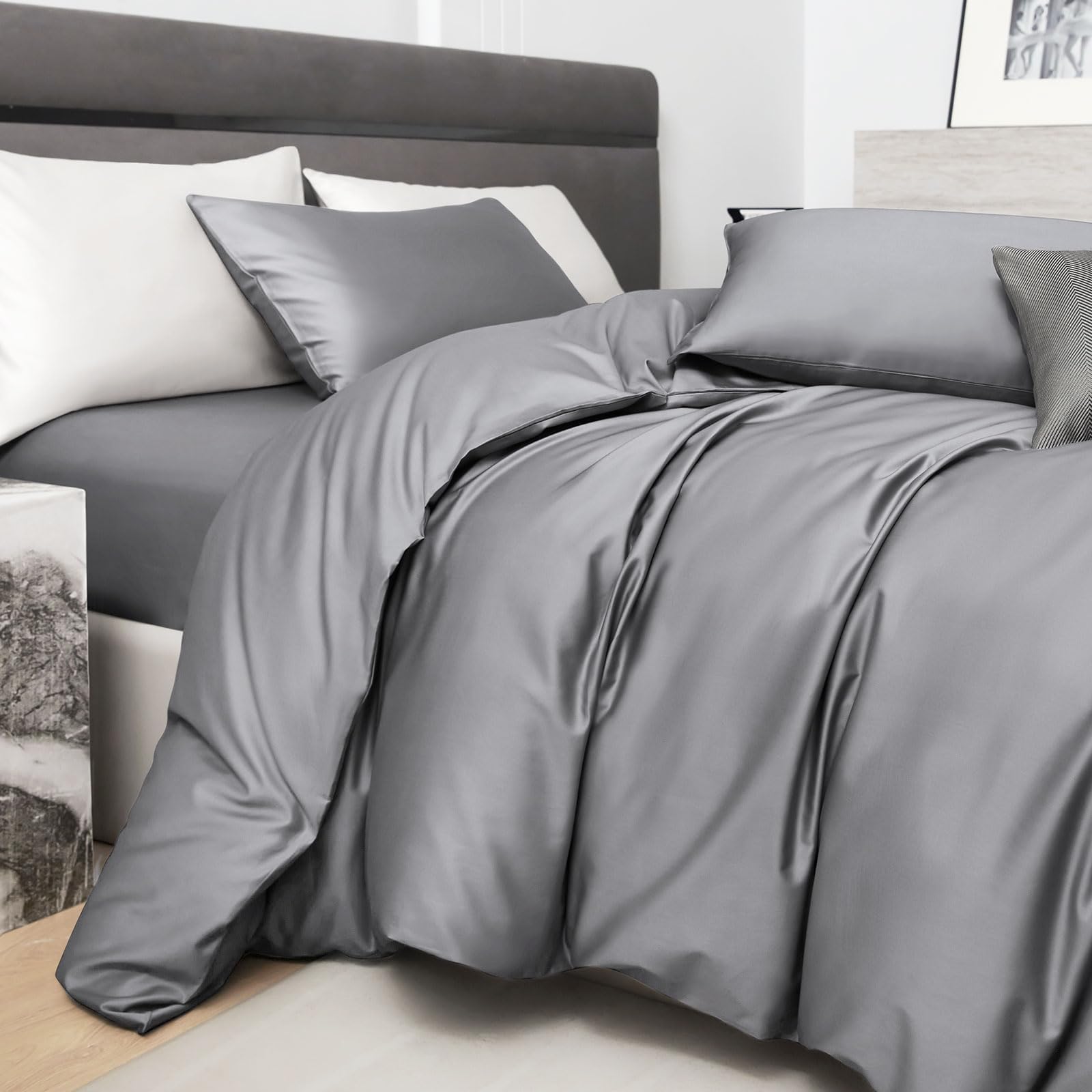 Photo 1 of PURE ERA Duvet Cover Set 800 Thread Count Long Staple Cotton Sateen Silky Soft Luxurious Smooth 3 Piece Set Solid Deep Grey King
