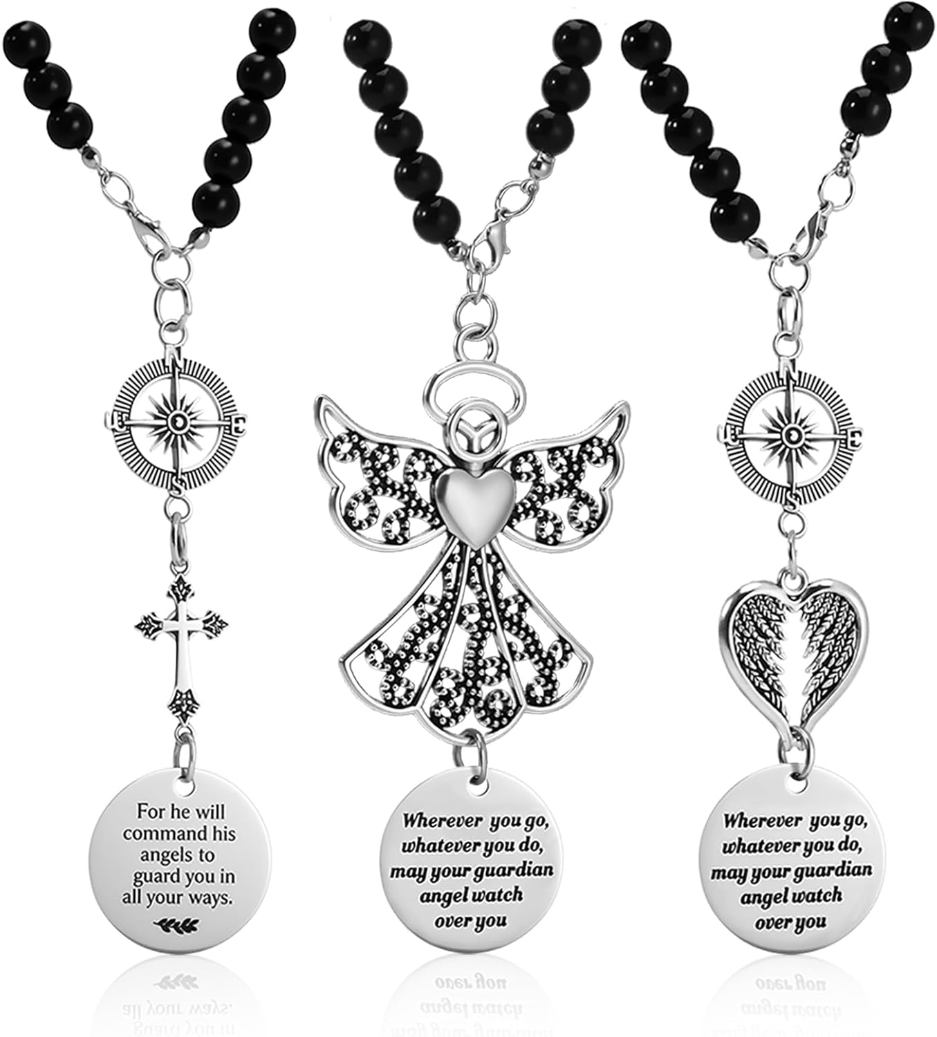 3 Pack Guardian Angel Rearview Mirror Charm, Angel Wings Cross Car Charm Pendant Guardian Angel Hanging Ornament Rear View Mirror Hanger Decor Christian Religious Gifts