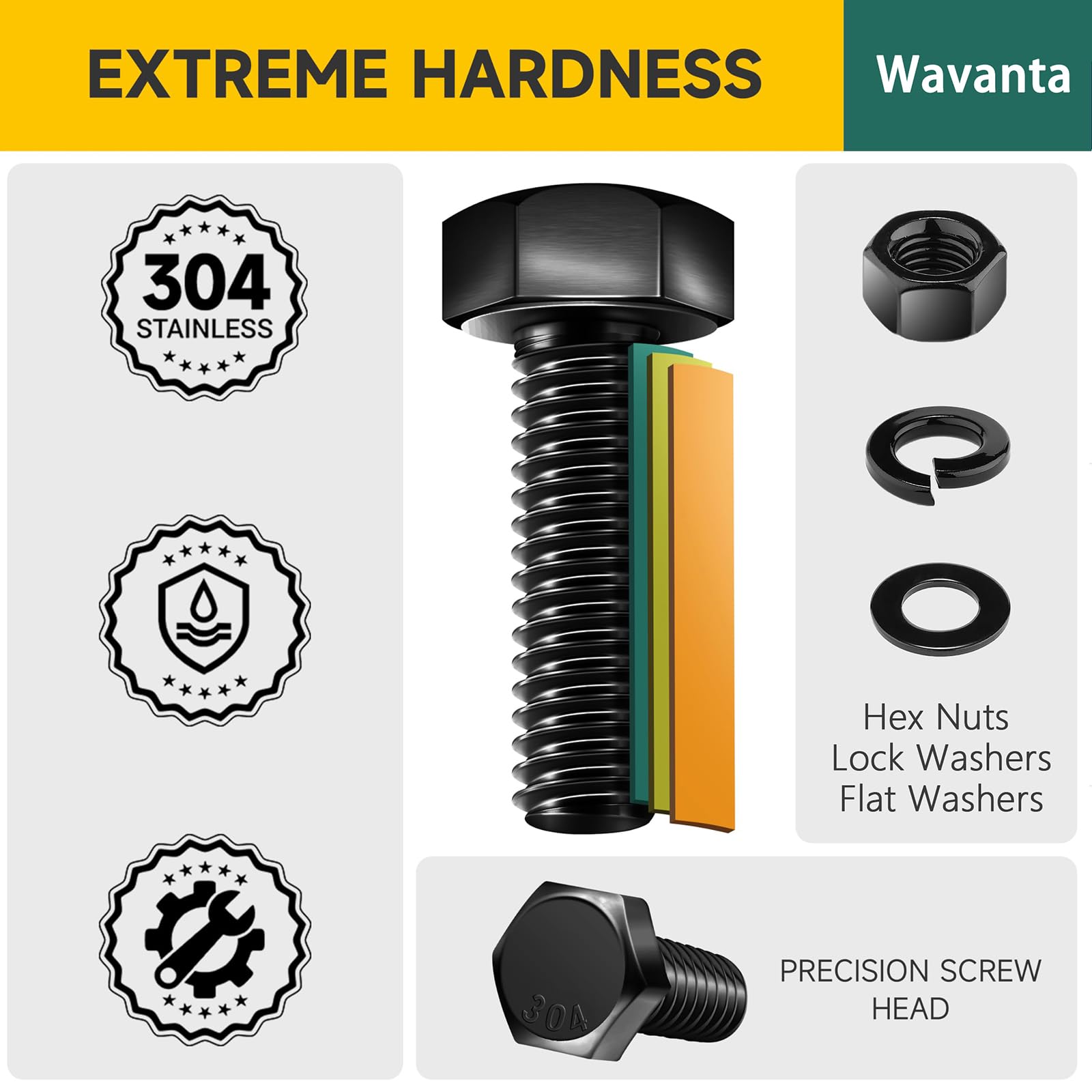 10Pcs M6 x 30mm Hex Head Bolt Screws, Black Oxide 304 Stainless Steel Nuts and Bolts, Flat & Lock Washers - Image 3