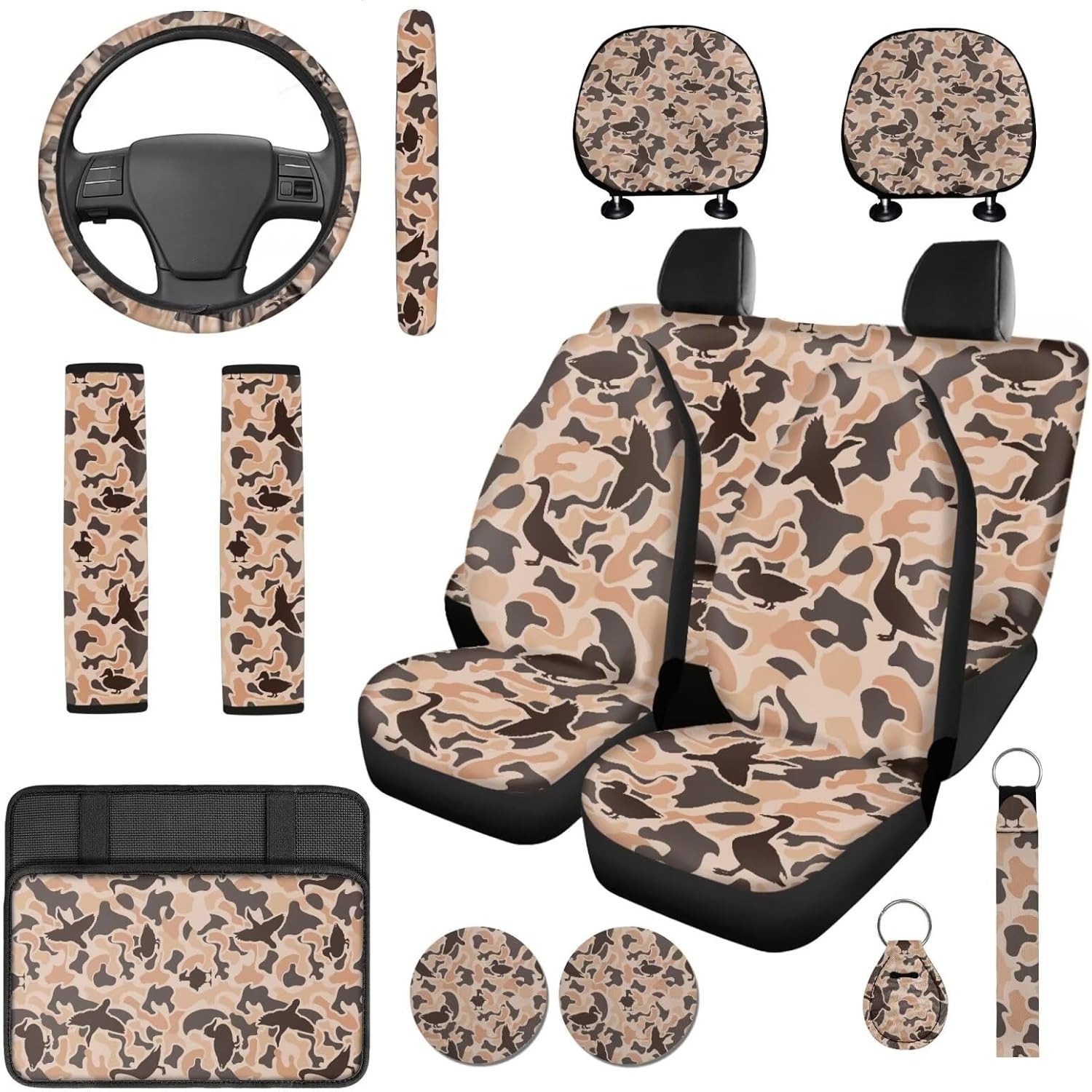 Bulopur Duck Hunting Camo Auto Seat Covers Set with Matching 15 Inch Steering Wheel Cover Stretchy Armrest Cover Soft Seat Headrest Cover 14 Pieces Car Interior Accessories Set​