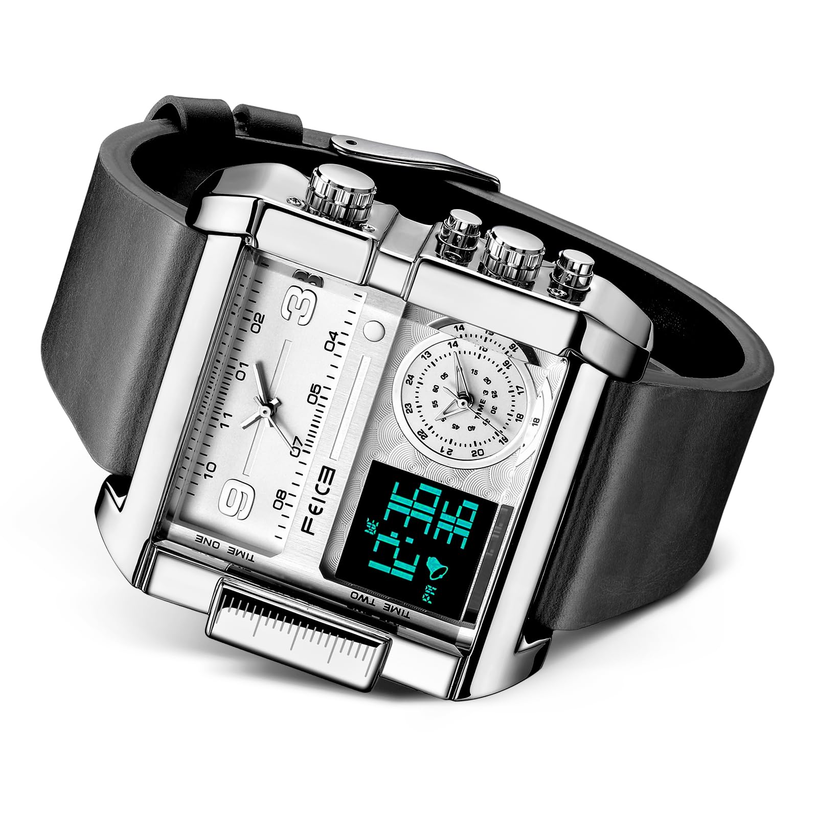 FEICE Watches For Men Digital LED Analog White Dial Men's Watch Quartz Wristwatch Business Men's Watch with Multifunction Square Chronograph 24 Hour Calendar Leather Strap Unique Large Dial New Upgrade FK030Pro（Black）
