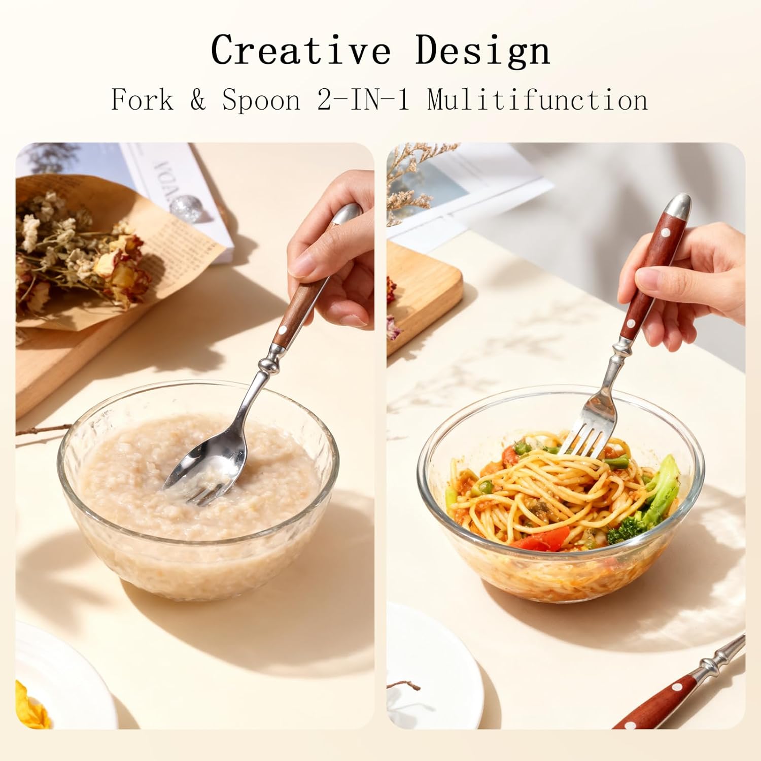 Sporks, 8-Pack Stainless Steel Sporks, 6.9 Inches Salad Forks and Spoons with Wood Grain Bakelite Handle For Dessert, Ice Cream, Salad, Soup, Noodle, Spaghetti, Dishwasher Safe