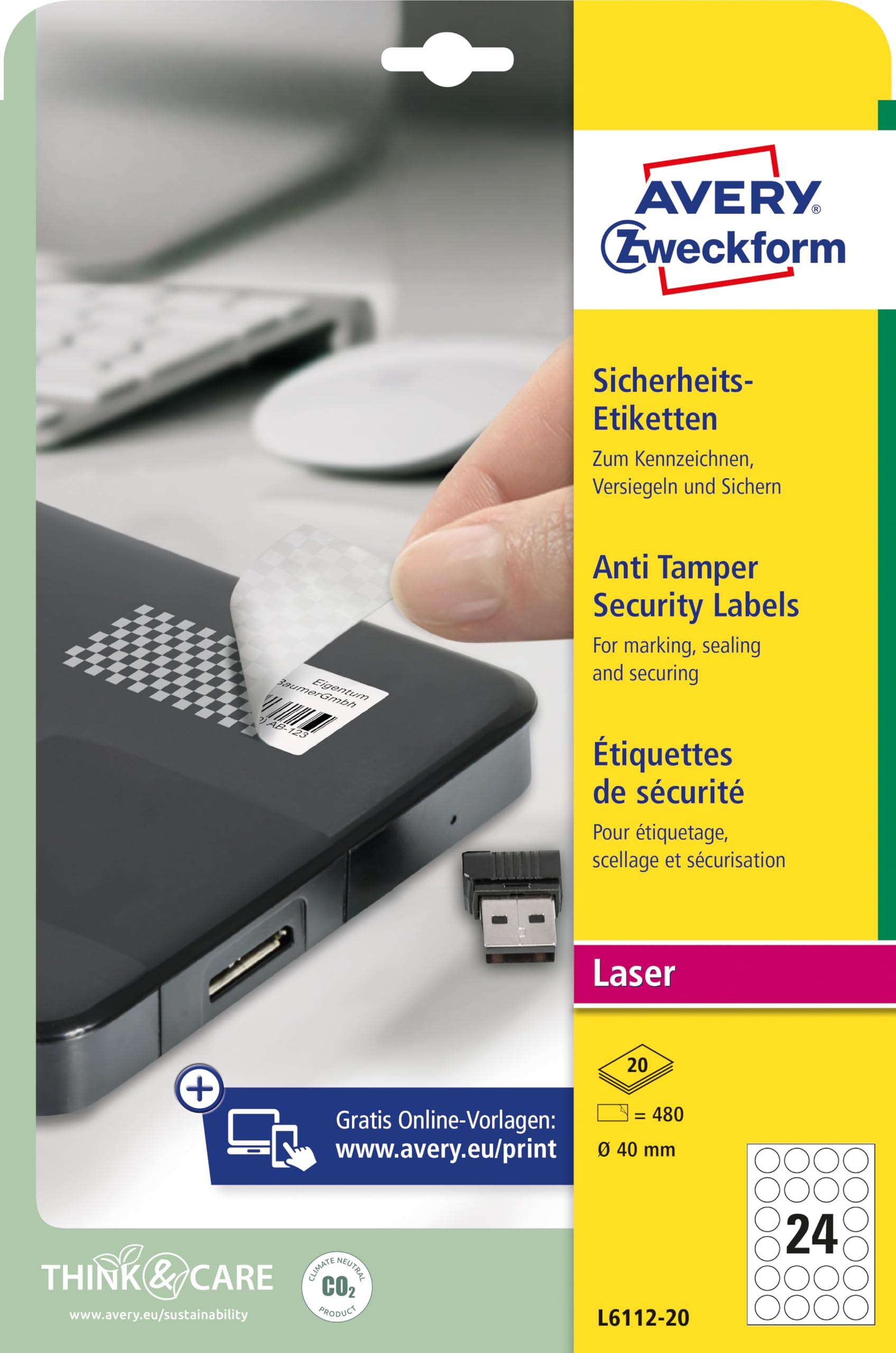 AVERY Zweckform L6112-20 Sicherheitsetiketten (480 Folienaufkleber, Ø40mm auf A4, stark selbstklebend, fälschungs-/manipulationssicher Sicherheitsfolie, bedruckbare Klebefolie) 20 Blatt, weiß
