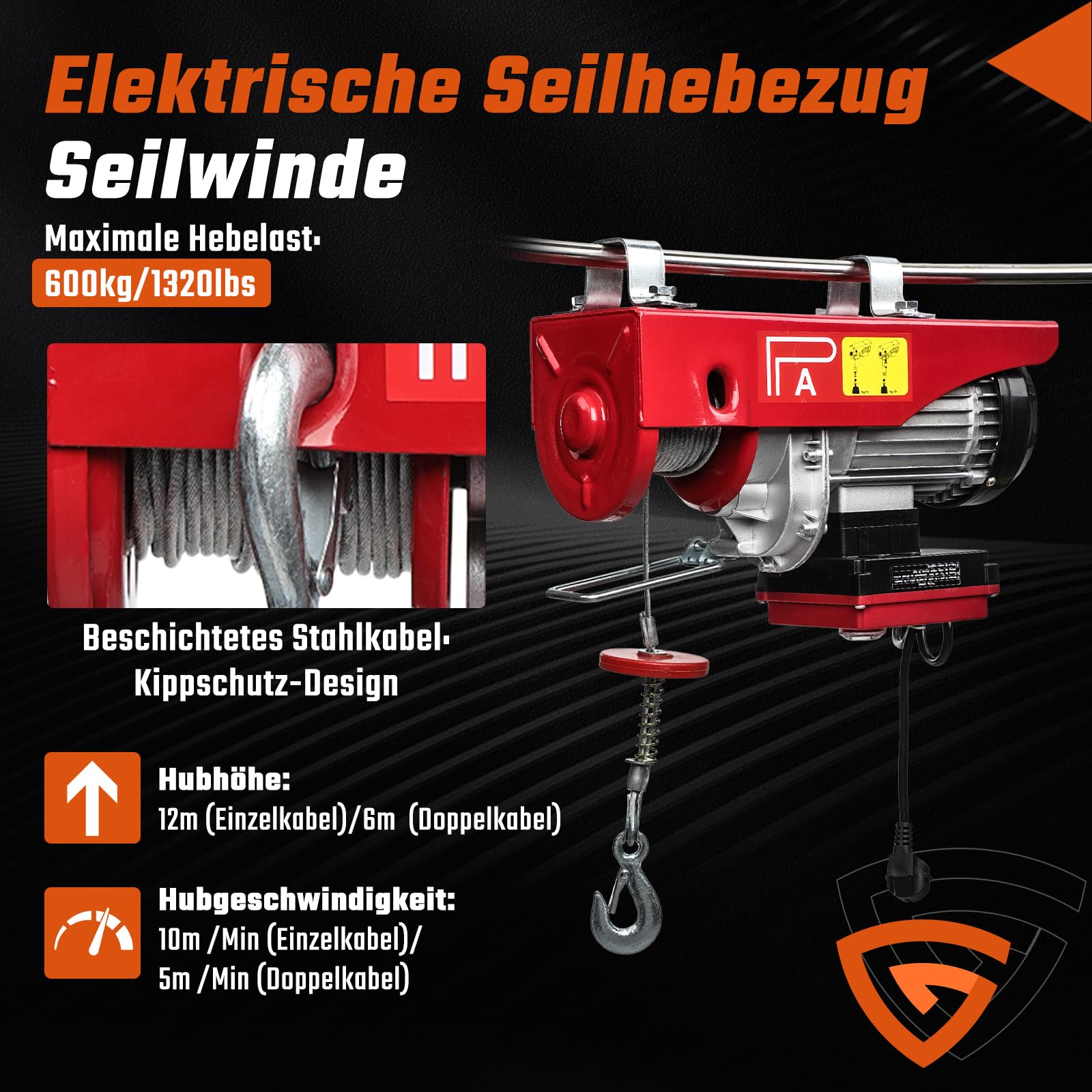 Elektrische Seilwinde 300kg bis 600kg Hubhöhe 12m Seilzug Motorwinde Flaschenzug 10m/min Hubgeschwindigkeit Dual-Modus(Einfach- und Doppelseile）Hebezug mit kabelloser Fernbedienung Seilhebezug Ketten