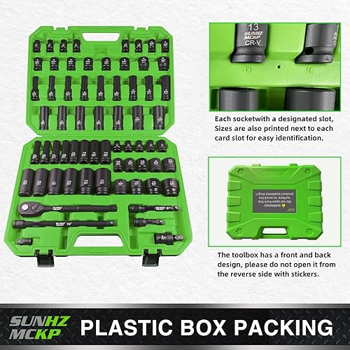 Miniatura 6 de SUNHZMCKP Juego de llaves de impacto de 12 pulgada, 66 piezas SAE estándar (38"-1-14") y métricas (0.315-0.945 in), kit de enchufes poco