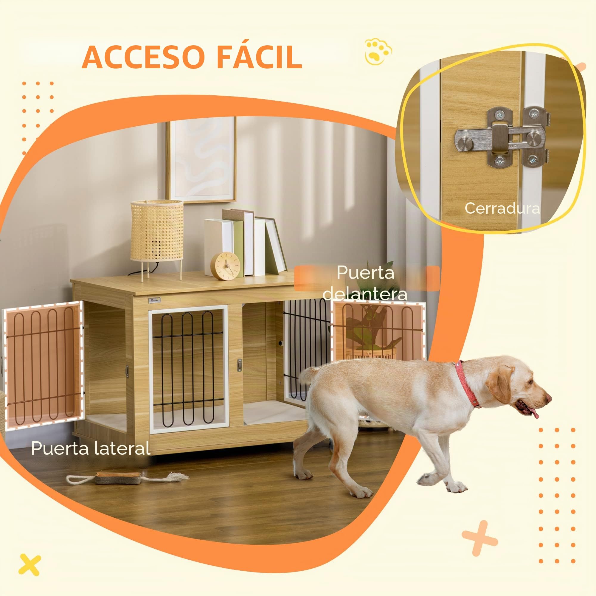 PawHut Jaula para Perros, Muebles con 2 Puertas, Cojines, 2 Cierres, Caja de Metal para Perros para el hogar, Interior, caseta para Perros Grandes de hasta 25 kg, Mesa Auxiliar para Perros, 90 x 58 x