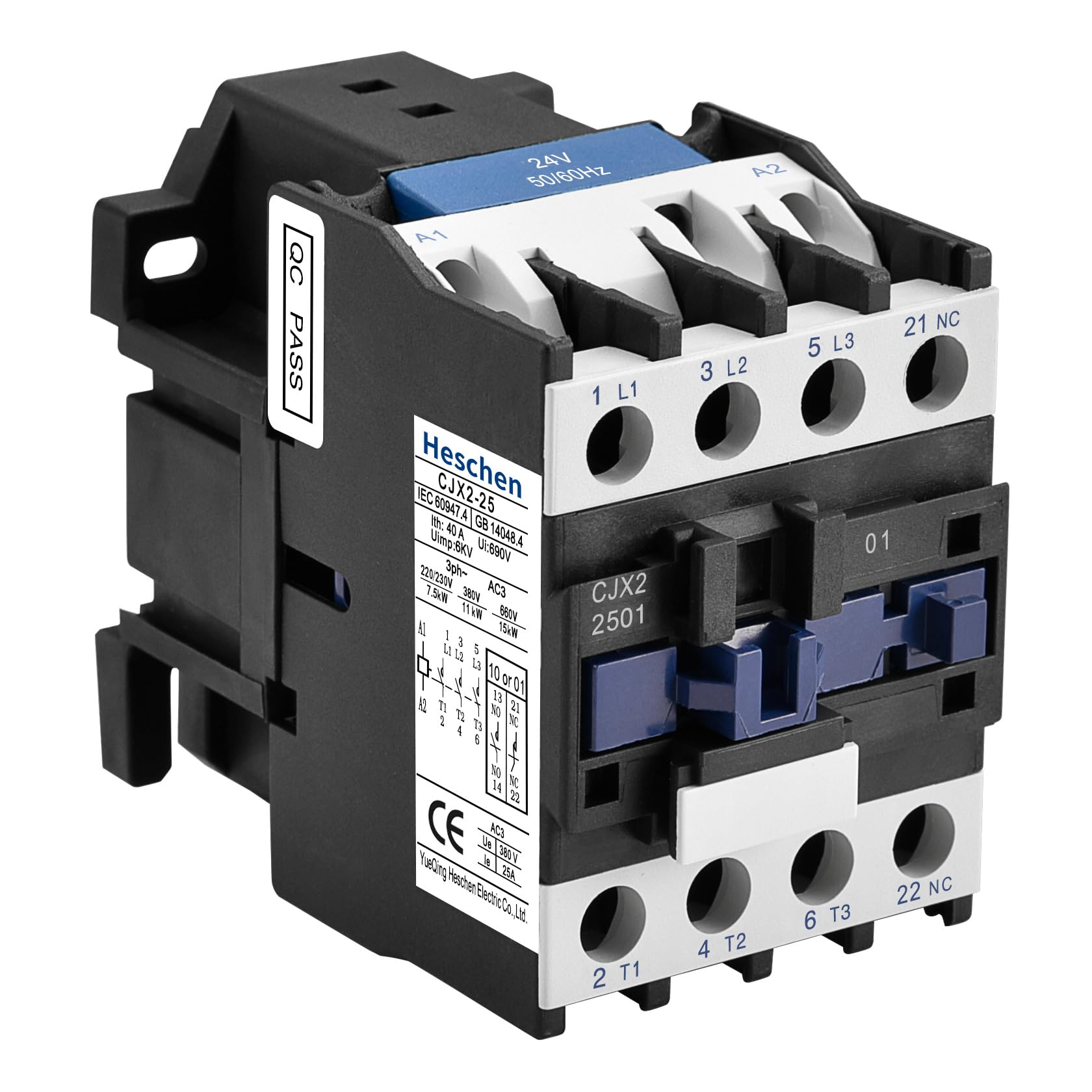 Heschen Stycznik AC, CJX2-2501, cewka 24 V 50/60 Hz, 3P, 3-biegunowa, normalnie zamknięta, Ie 25A, Ue 380V