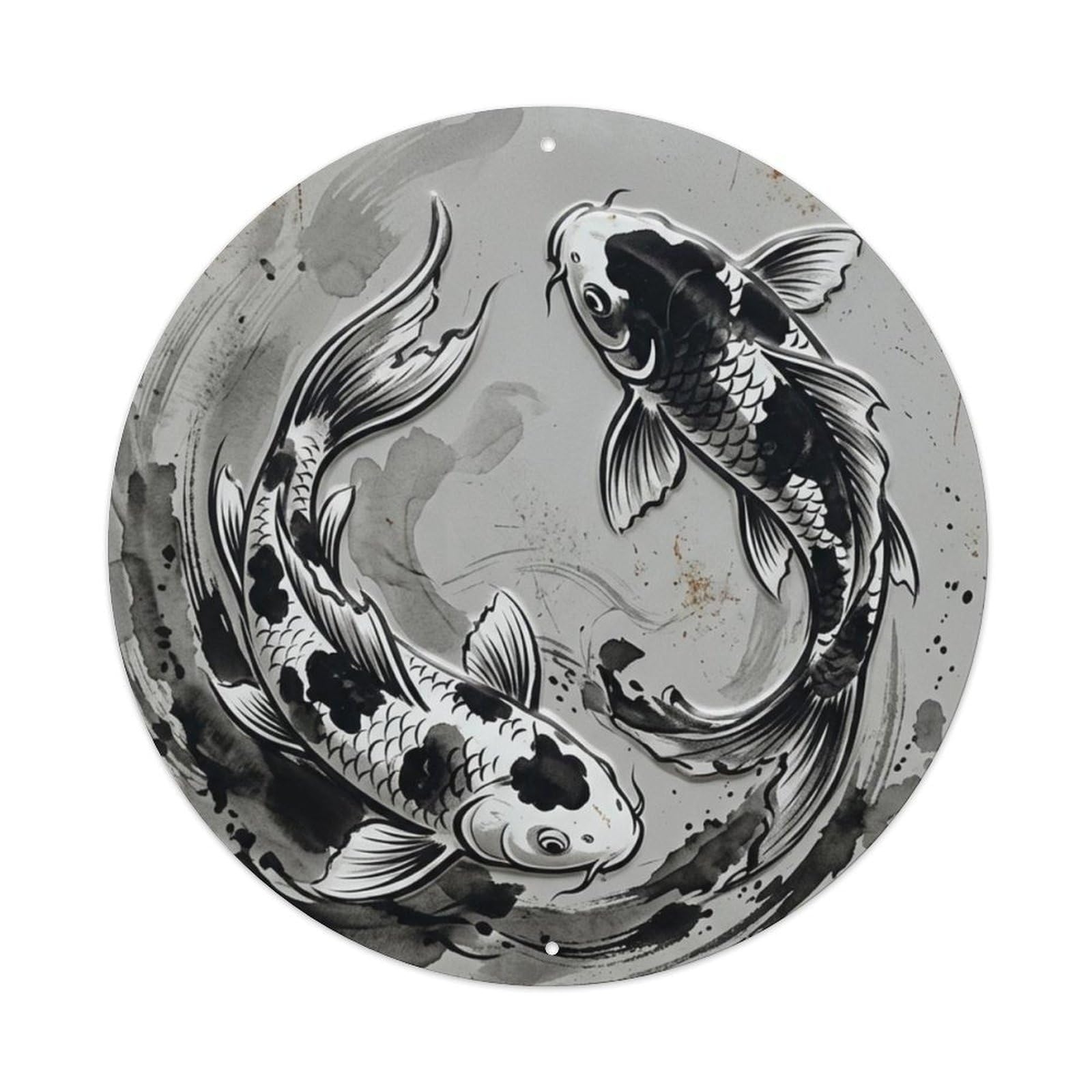 Fqcyn Style Koi Fish Graphite Ink Flow Livingroom Metal Tin Sign Plaque Wall Decor For Cafe, Club Bar, Office, Home Garden Round Metal Poster 8X8inch