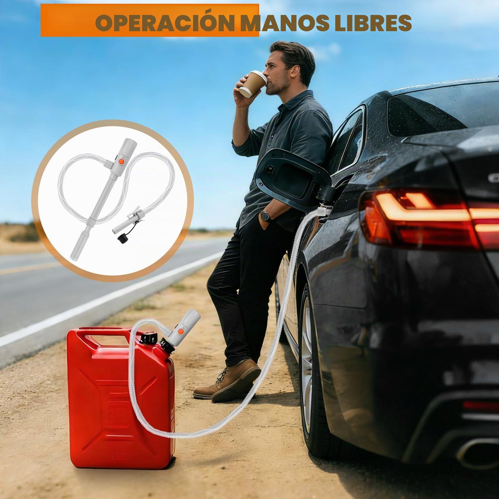Bomba de Transferencia de Combustible Bomba de Gasolina Funciona con USB-C/AA 10.6 l/min con Parada Automática y Manguera Retráctil, Bomba de Líquido Portátil Transfiere Gasolina Gasoil Combustible