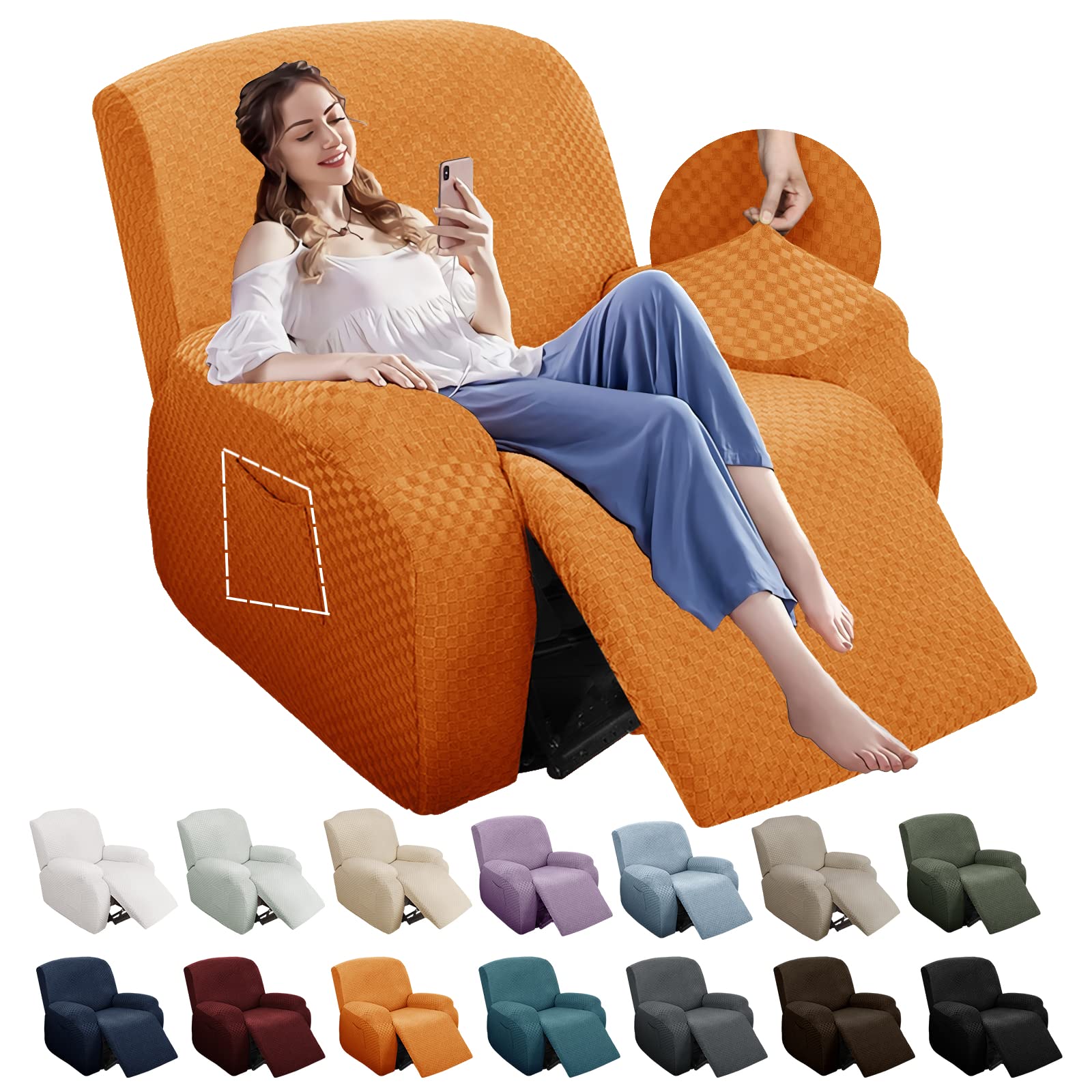 YEMYHOM 4 Pieces Stretch Recliner Slipcover Latest Jacquard Recliner Chair Cover with Side Pocket Anti-Slip Fitted Recliner Cover Couch Furniture Protector with Elastic Bottom (Recliner, Orange)