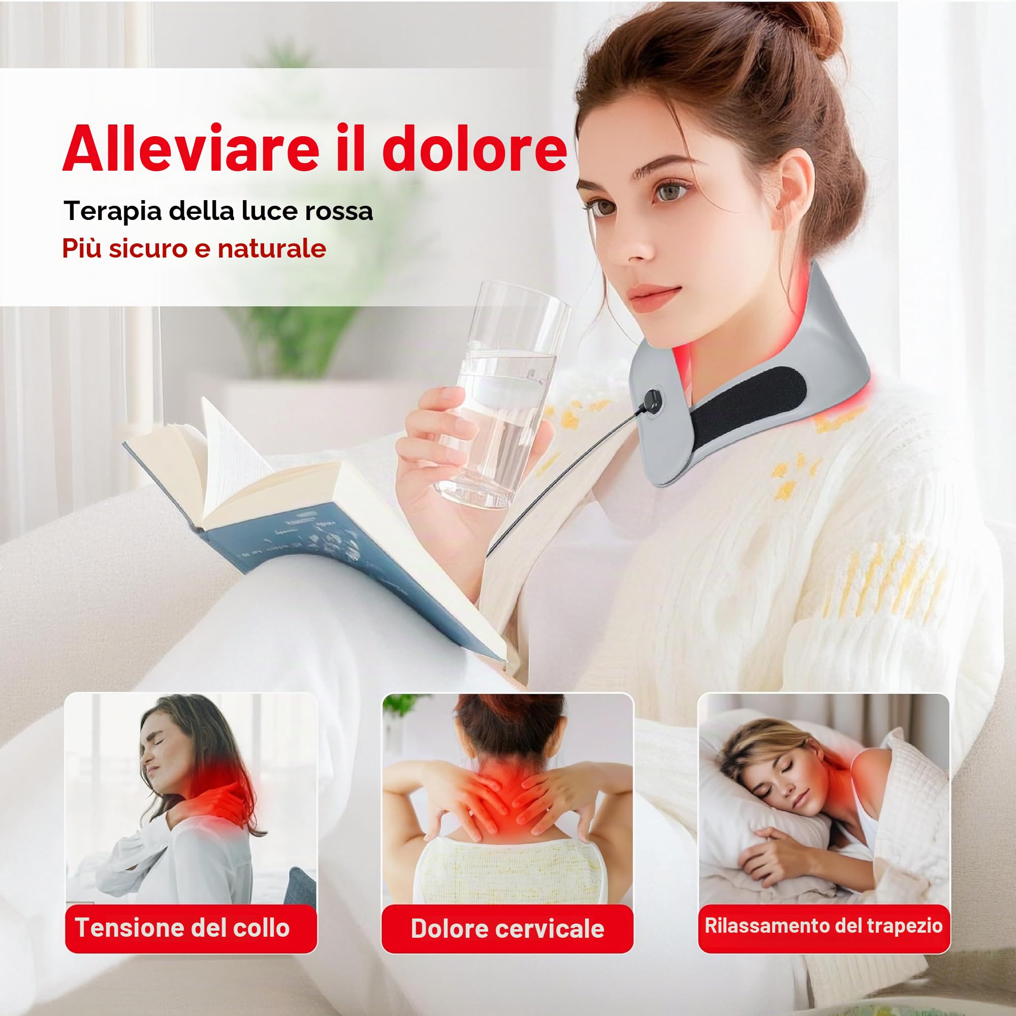 Terapia della luce rossa per collo con controller ricaricabile, tecnologia a triplo chip, involucro a infrarossi, tessuto delicato sulla pelle da 660 nm e 850 nm per alleviare il dolore al