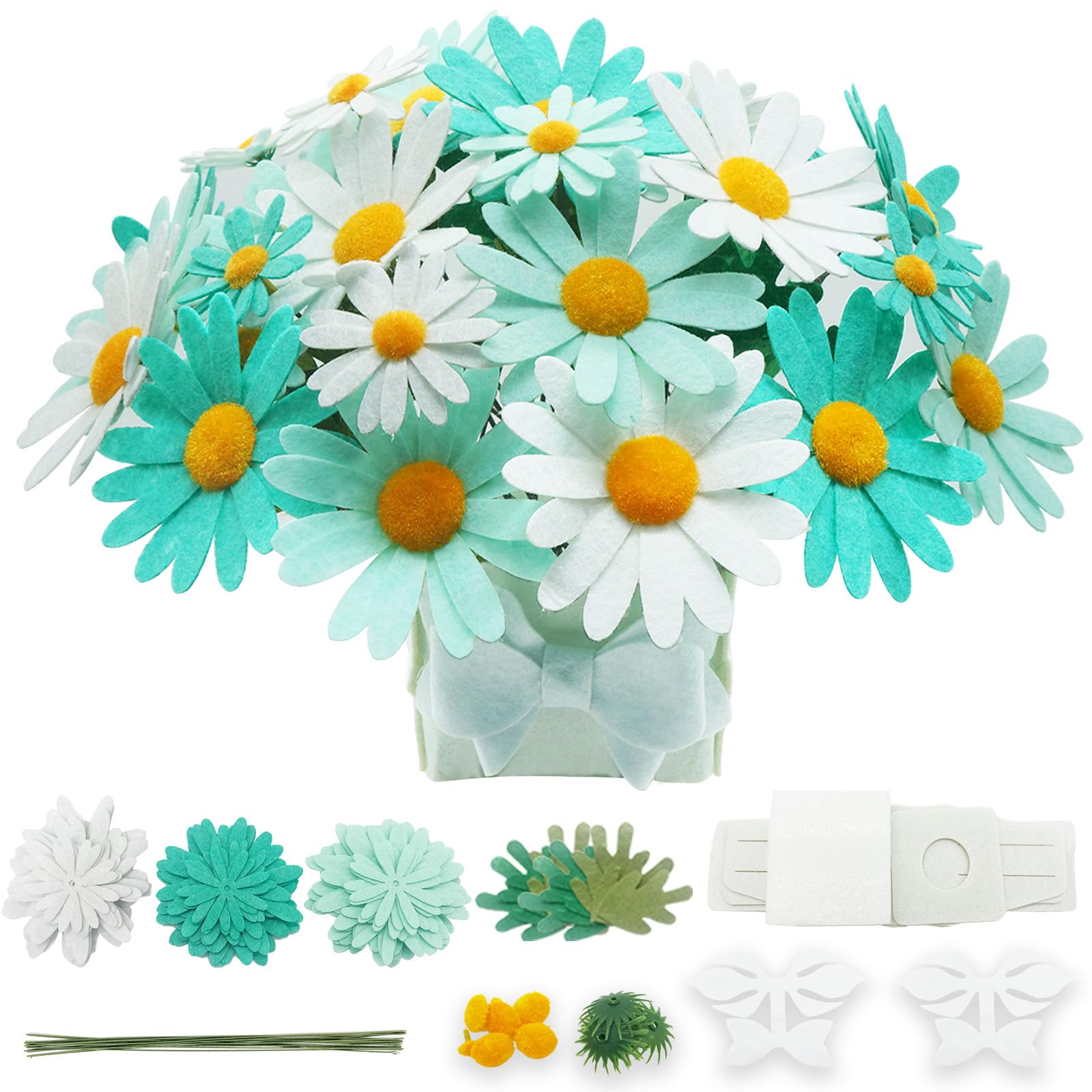 BAZIMA DIY Felt Flower Art Craft Kit,DIY Daisy Bouquet Kit,30 Daisy, Floral Gifts,Beginner Craft Kit,Arrange Pre-Cut Felt Flowers and Foliage (Mint Green)