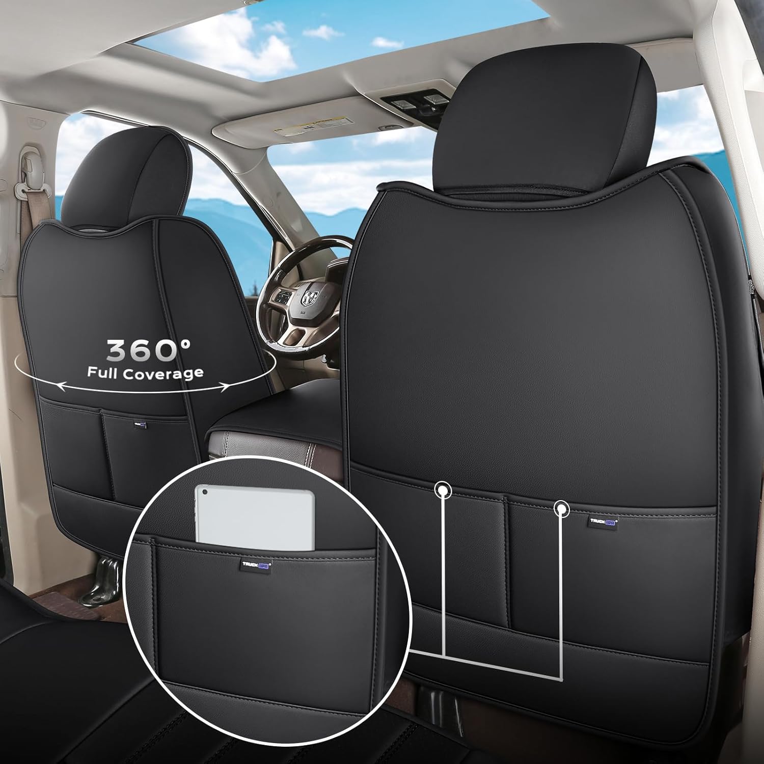 Truckiipa Dodge Ram Seat Covers Front Pair, Car Seat Cover Waterproof Leather Protector Pickup Truck Accessories, Full Coverage Custom Fit for 2002-2025 Ram 1500 2500 3500 Regular/Double Cab, Black