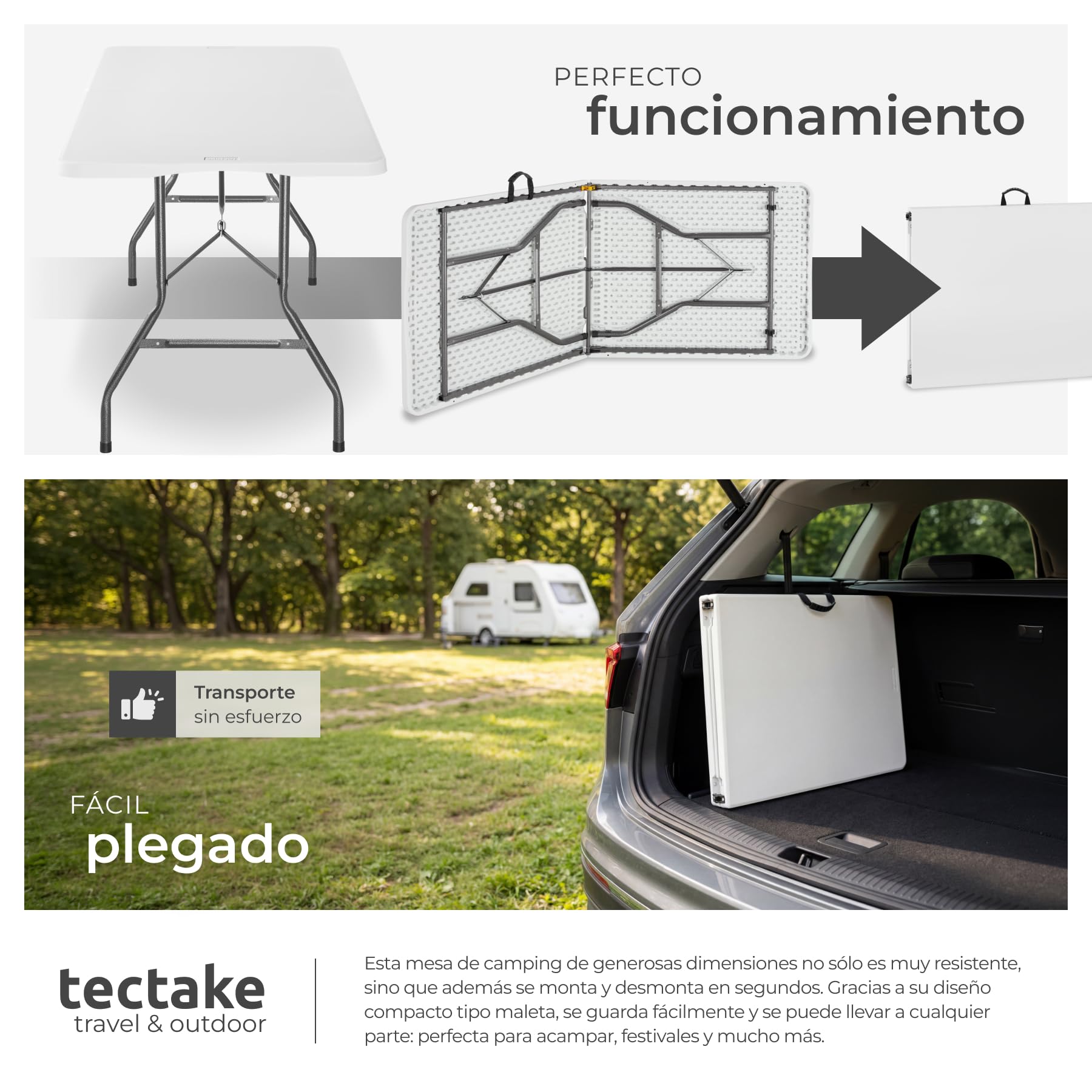 tectake® Mesa Plegable Camping Portatil 70 x 180 x 74 cm, Mesa Auxiliar Jardin, Mesas Plegables, Campismo, Asa de Transporte, Cierre de Seguridad, Carga 120 kg - Blanco