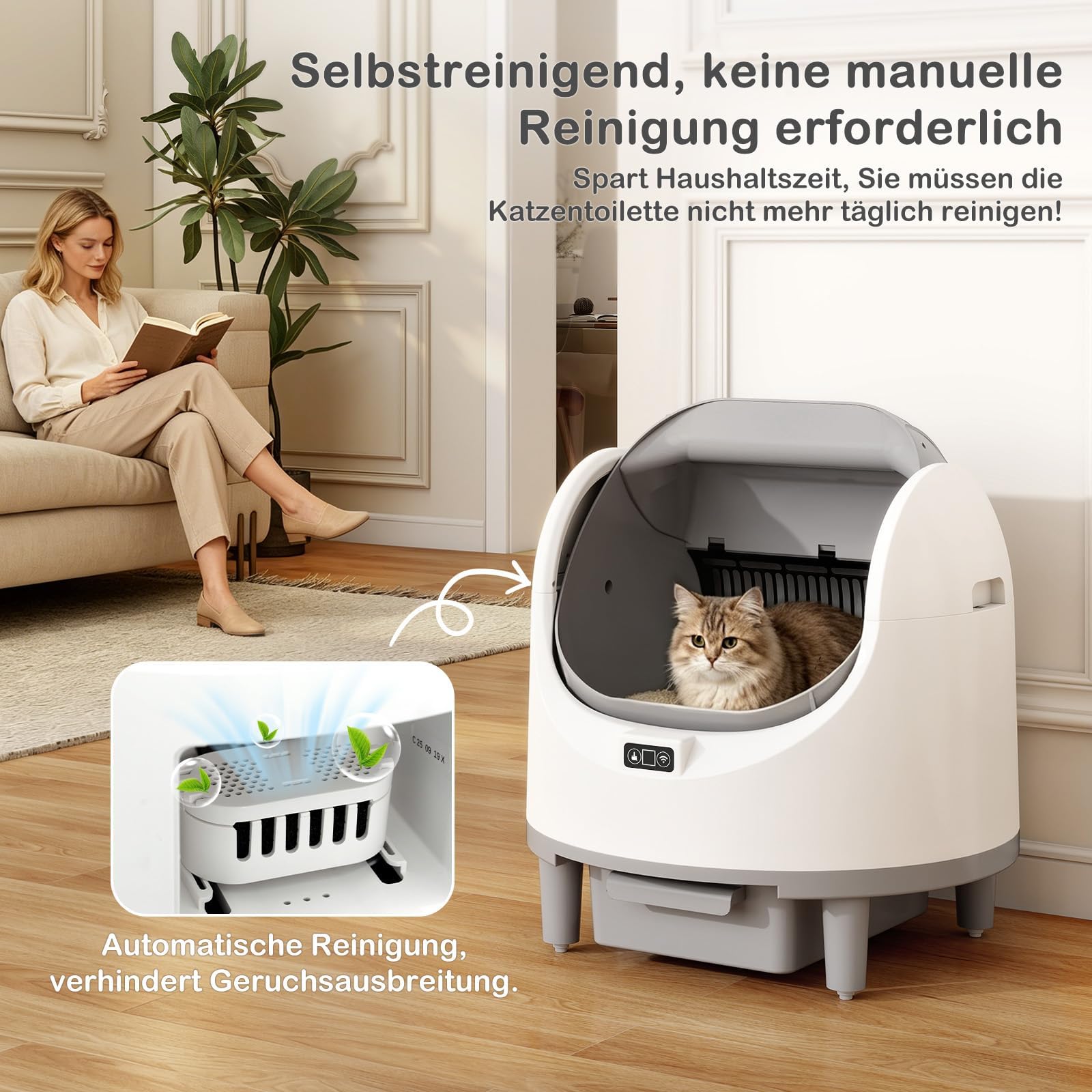 Selbstreinigende Katzentoilette,XXL Katzenklo,mit App-Steuerung | Oben Offene Katzenklo Selbstreinigend,Geruchsbeseitigung,Sicherheitssensor,mit Müllbeutel,Aromabox,für Mehrere Katzen