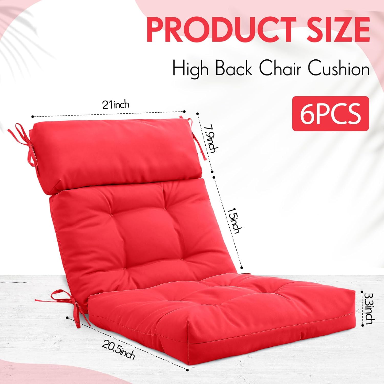 barydat 6 pack high back chair cushion indoor outdoor tufted seat and back chair rocking pads lounge porch seat cushion with ties for patio furniture, 43.4 x 21 x 3.3 inch (red) red 6