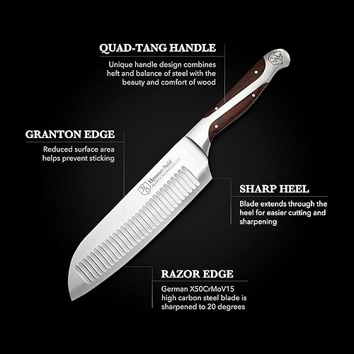 Miniatura 6 de Hammer Stahl Cuchillo Santoku de 55 pulgadas acero alemán de alto carbono borde profundo Granton cuchillo de cocina profesional para chefs