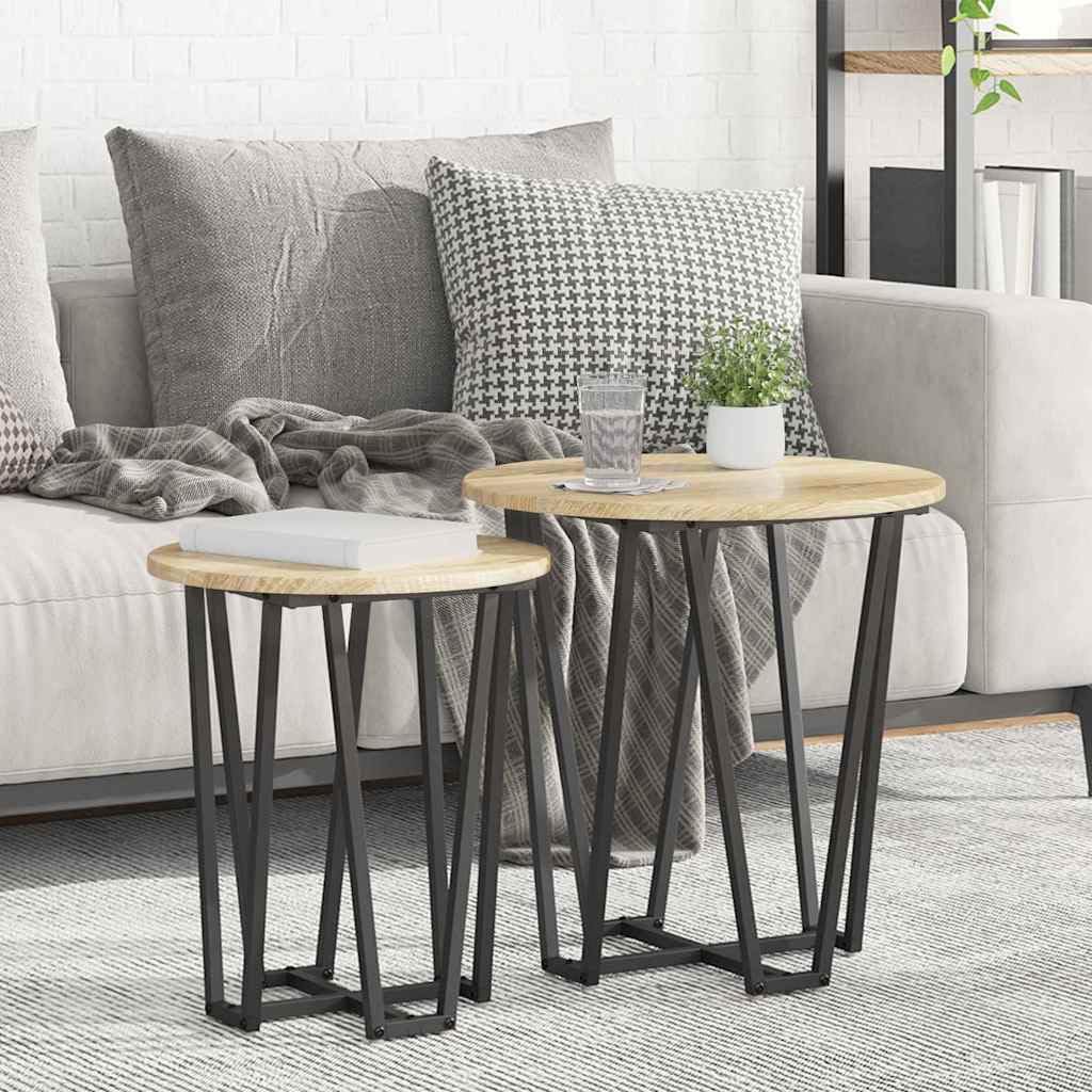 SXZenSpace Industrial Side Table Set 2 pcs Round Engineered Wood Sonoma Oak Black Metal Frame 50 cm Living Room Bedroom Hallway Nest