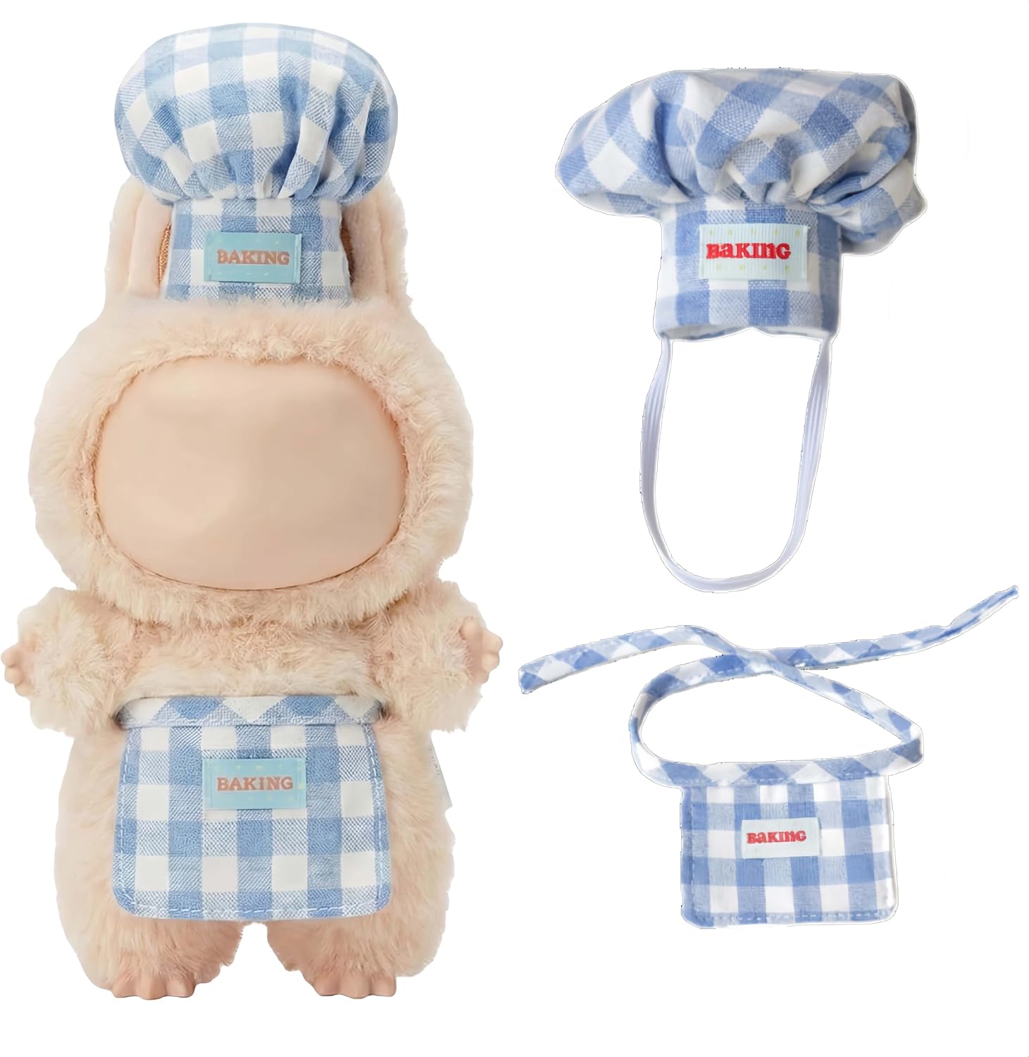 2 Piece Chef Outfit Compatible with Labubu 10cm 15cm 17cm Baking Style Plaid Clothing Display Accessory (Pink)