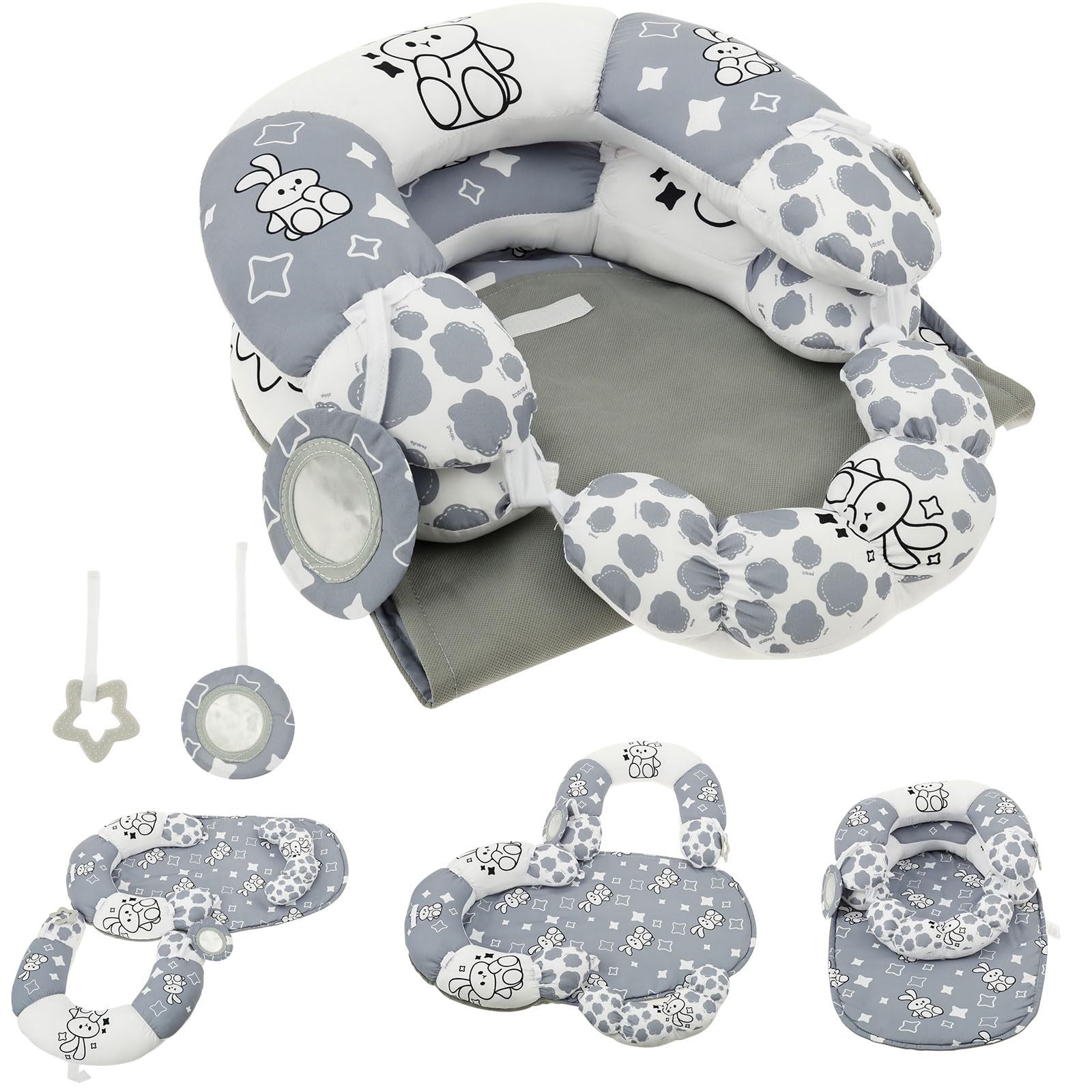 3-in-1 Tummy Time Mat and Seated Pillow for Baby, Sit Me Up Floor Seat with Detachable Support Pillow to Prevent Reflux, Portable Baby Tummy Time Pillows for Newborn Boys and Girls(Gray rabbit)