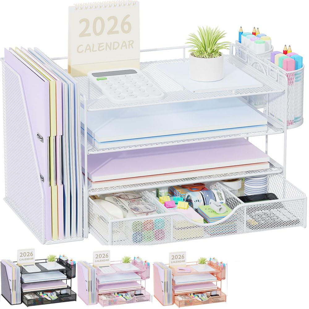 Quhombo Desk Organiser with File Holder,4-Tier Desk Organisers and Accessories with 2 Pen Holders and Drawer,Paper Letter Tray Storage with Magazine Holder for Home Office Supplies(white)