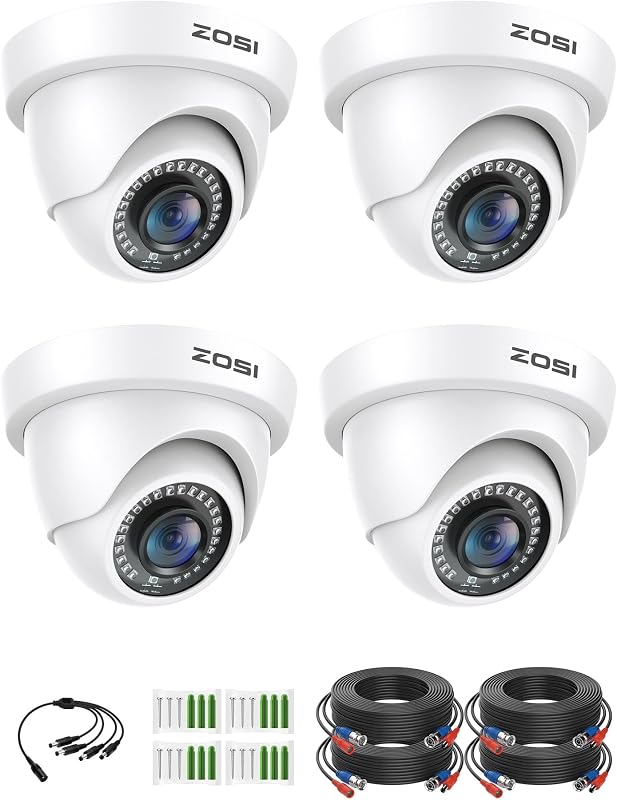 ZOSI Kit de 4 cámaras de seguridad HD 1080P de 2.0 MP, visión nocturna de 80 pies, cámara domo CCTV para interior y exterior para sistema DVR analógico 1080P/5MP/4K HD-TVI