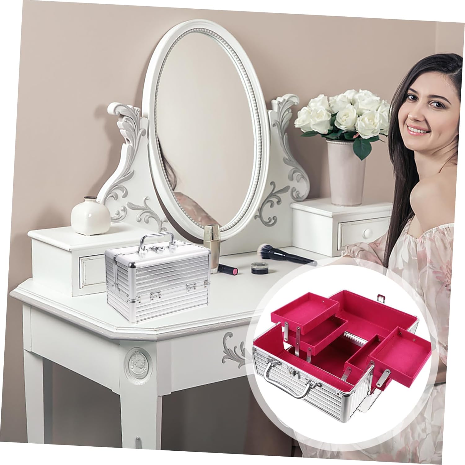 Handled Aluminum Alloy Makeup Box Rolling Case Organizer Travel-sized Compact