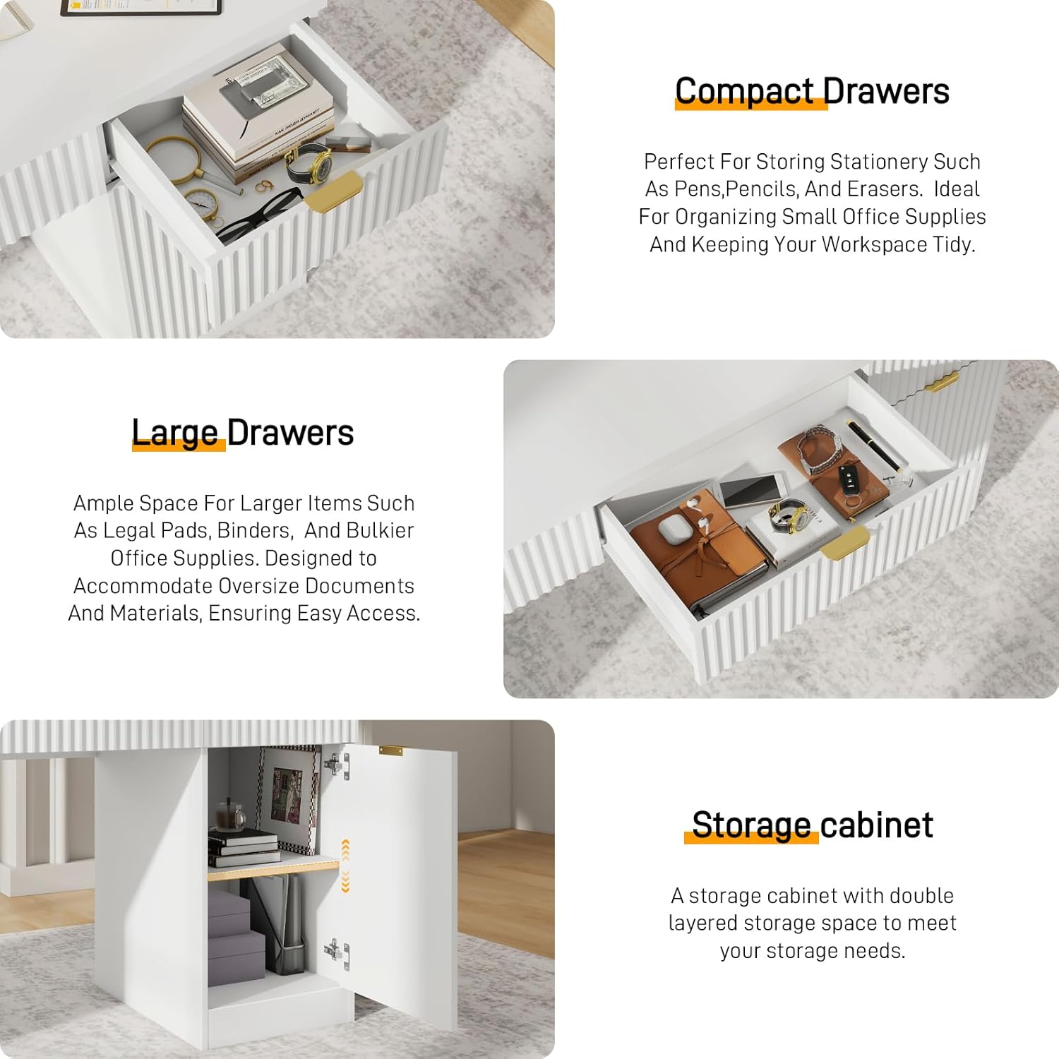 60" Executive Desk with Fluted Drawers, Wood Home Office Desk with Storage Cabinet, Fluted Reversible Computer Writing Desk for Study, Living Room,White