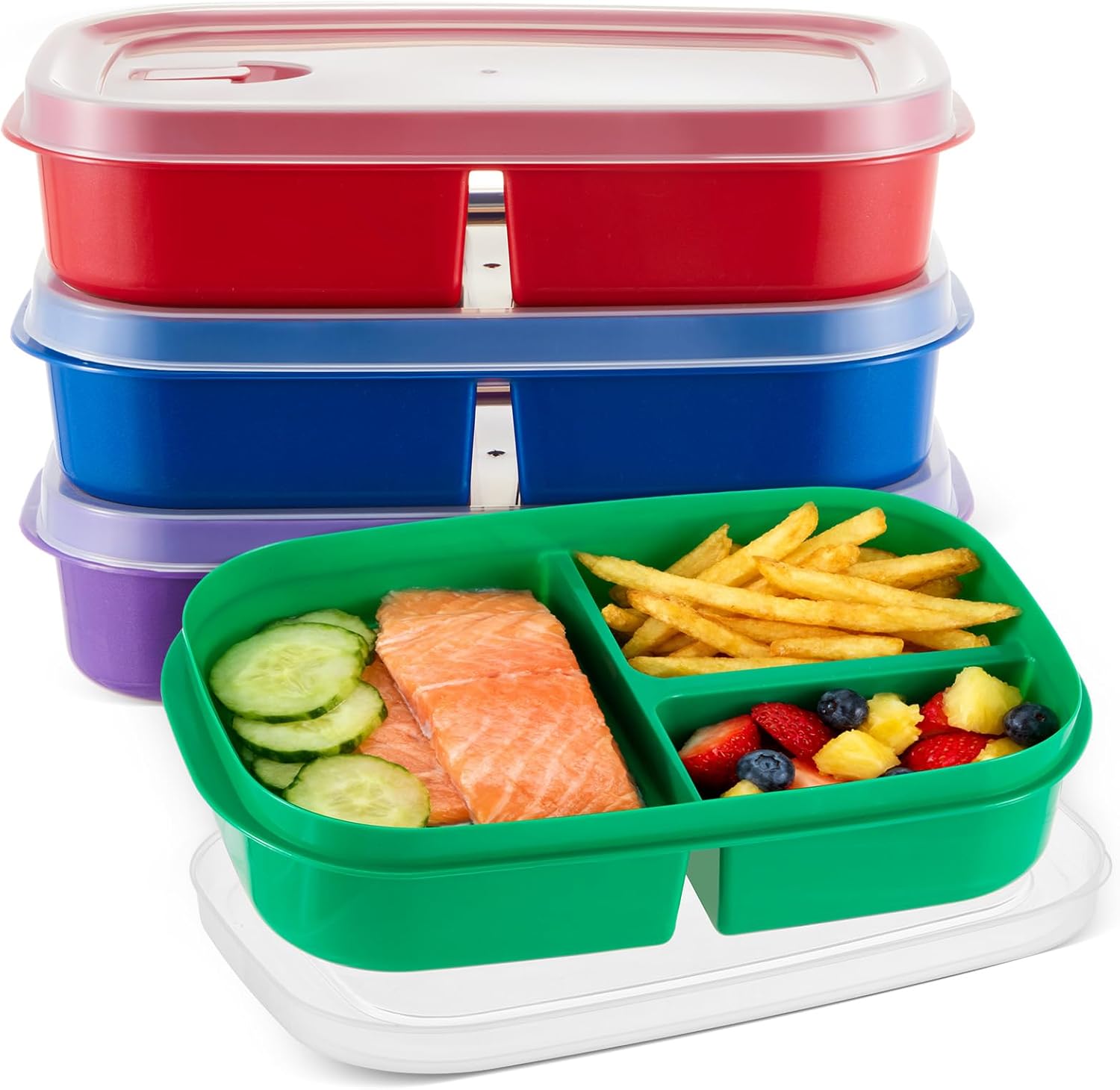 Hushee 4 Pcs Microwave Food Storage Tray Containers with Ventilation Lids 3 Compartment Divided Plates Portion Plate Fits Microwave Fridge(Rectangle,Mixed Colors,10.04 x 6.38 x 2.24 Inch)