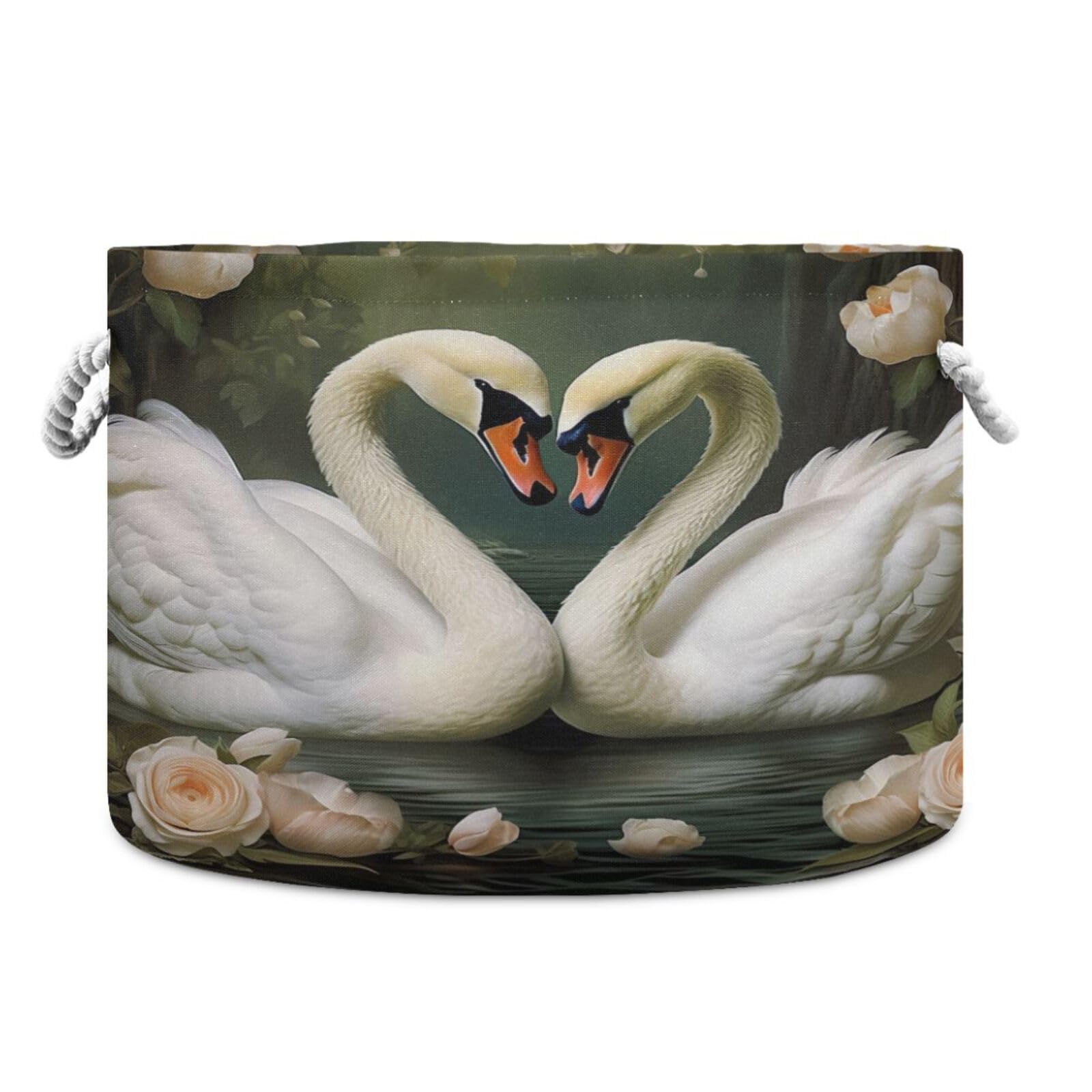 Round Swan Lovers Pink Rose Storage Basket Large Organizer Bin Laundry Hamper Toy Storage Basket with Handle for Nursery Clothes Toys 202b4593