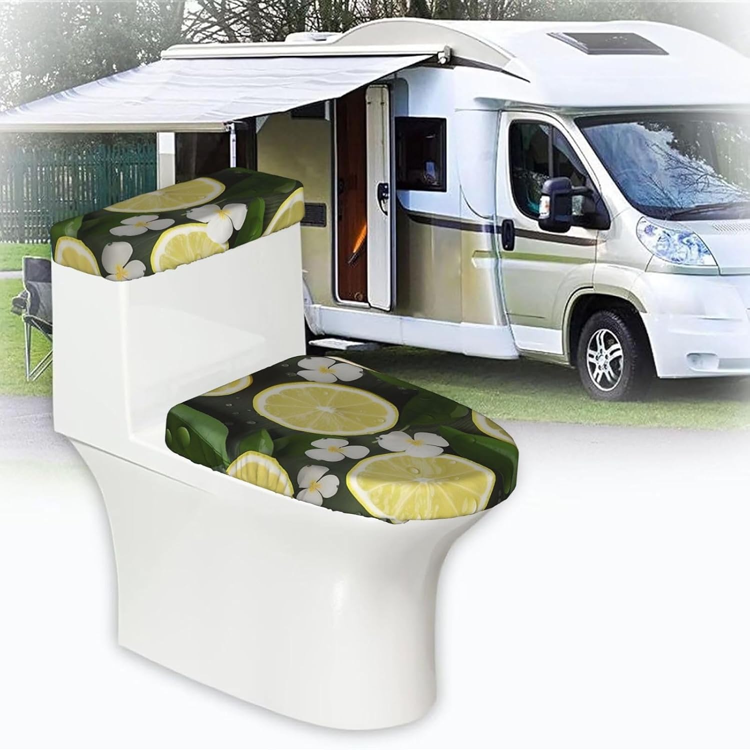 Fresh Lemon Toilet Tank Cover And Toilet Lid Cover Set Stretch Bathroom Toilet Lid Seat Cover