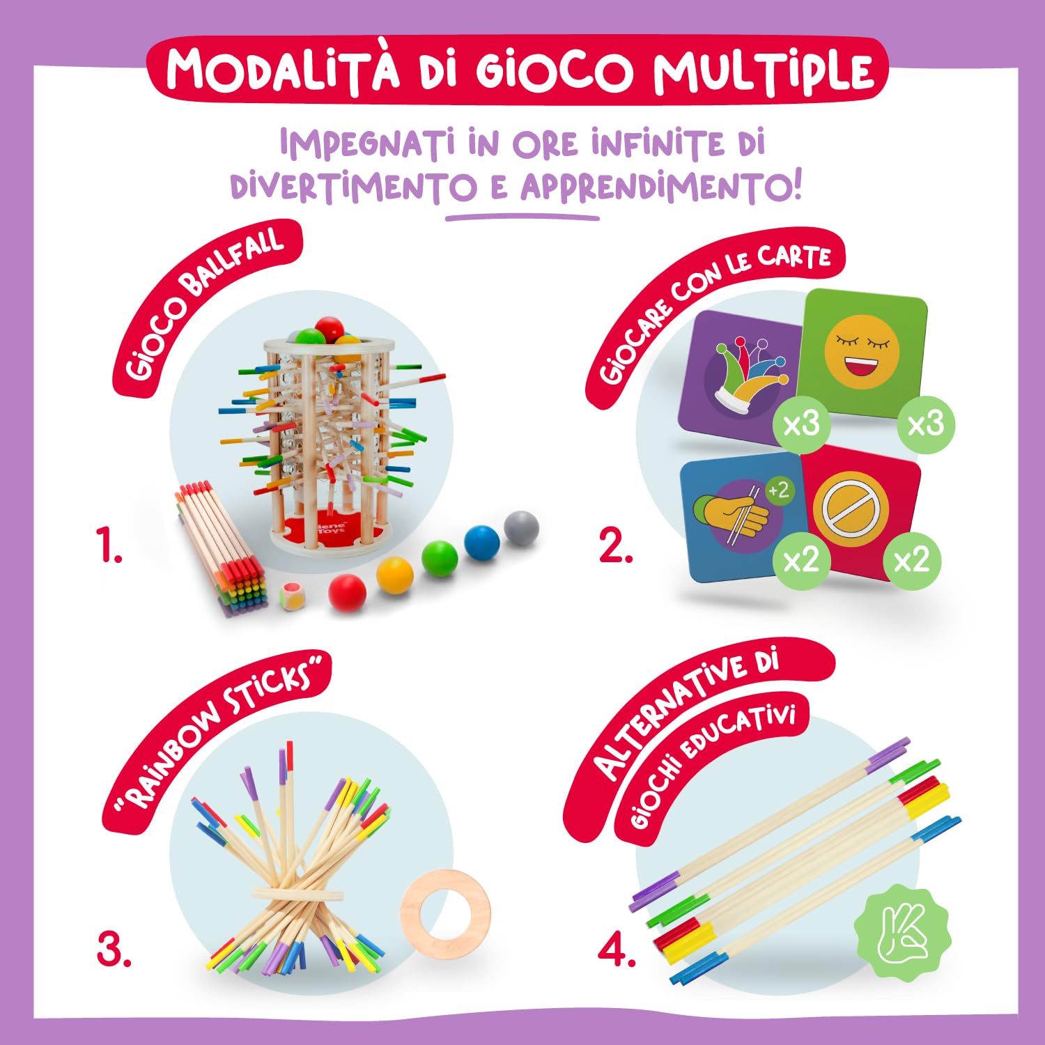 Nene Toys BALLFALL Grande – Giochi Montessori in Legno per Bambini 3 4 5 6 Anni – Gioco da Tavolo Educativo con Bastoncini, Dadi & Carte – Giocattolo Motricità Fine – Regalo Bambina Bambino 3-9 Anni