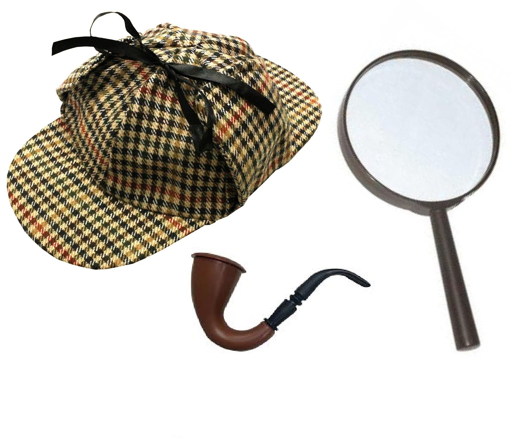MURDER MYSTERY/VICTORIAN DETECTIVE ACCESSORY SET – THE LUXE EDITION. VICTORIAN DETECTIVE ACCESSORIES: DELUXE FUNCTIONAL BROWN PIPE + LINED DEERSTALKER HAT + 100% GENUINE MAGNIFYING GLASS