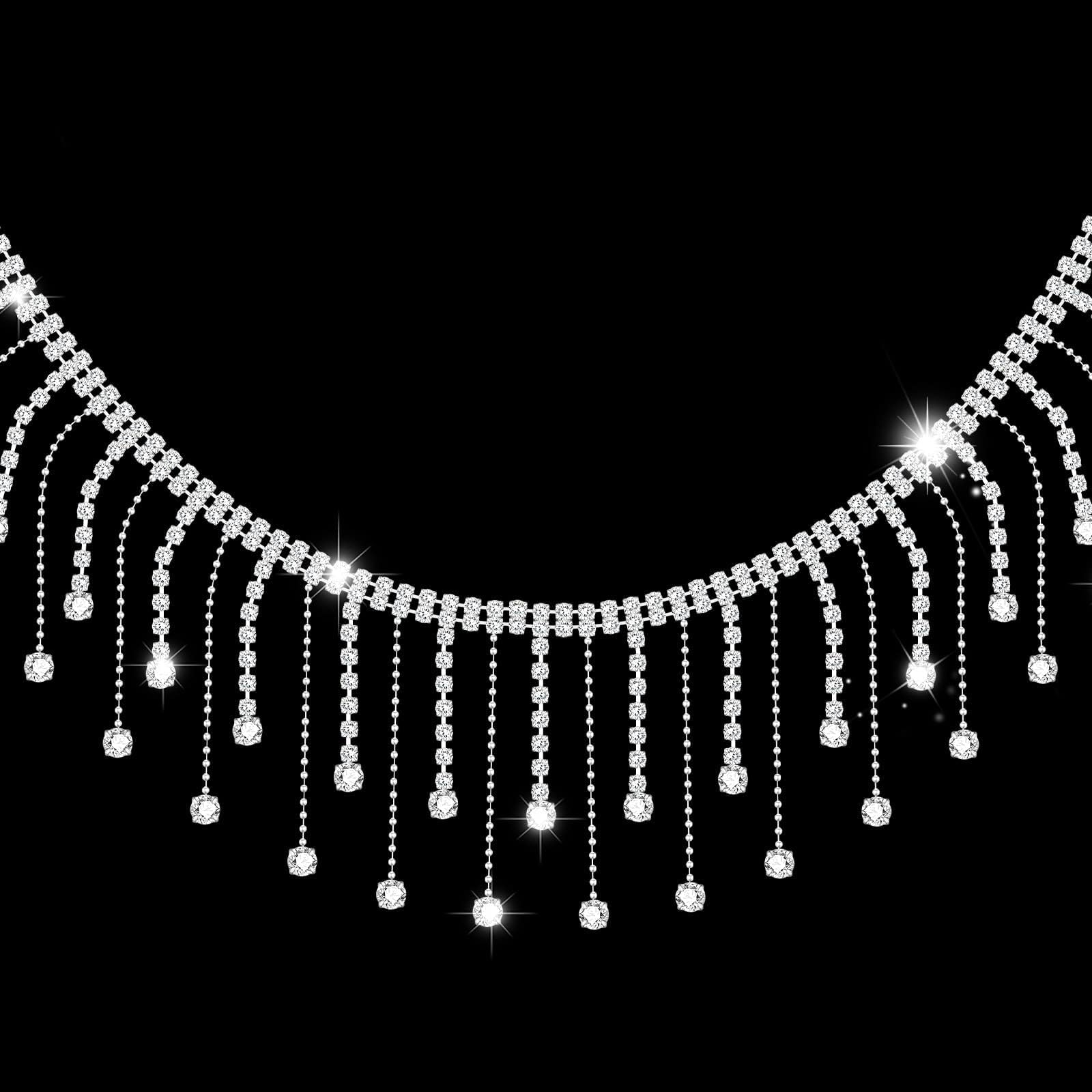 2 Yards Rhinestone Fringe Trim Rhinestone Ribbon Tassel Chain Diamond Crystal Tassel Fringe Trim for Sewing Craft Clothing Wedding Dress Female Jewelry Personalized DIY Decor Length 2.16 Inch (Silver)
