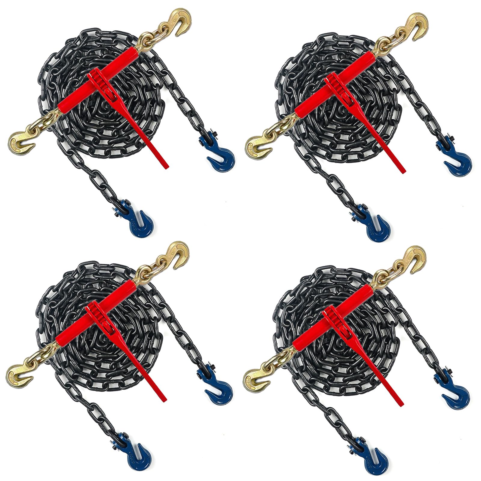 (4 Pack) 1/4"-5/16" Chain Binder and (4 Pack) 1/4" x12FT G70 Transport Chain Kit, Load Binder with 2,600Lbs Working Load Limit,Tow Chain with Grappling Hook, Tie Down Heavy Loads to A Truck