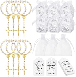 Highergo 200 Pcs Baptism Favors Set, 50 Pieces Mini Rosary 50 Pieces Baptism Party Gift Wrap Boxes Organza Bags with Drawstring Thank Tags for Christening Communion Kitchen(Gold)