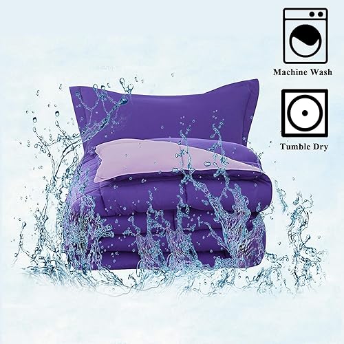 Miniatura 3 de Juego de edredón reversible de 3 piezas, color moradolila, tamaño matrimonial (90 x 90 pulgadas), edredón alternativo esponjoso con 2 fundas de