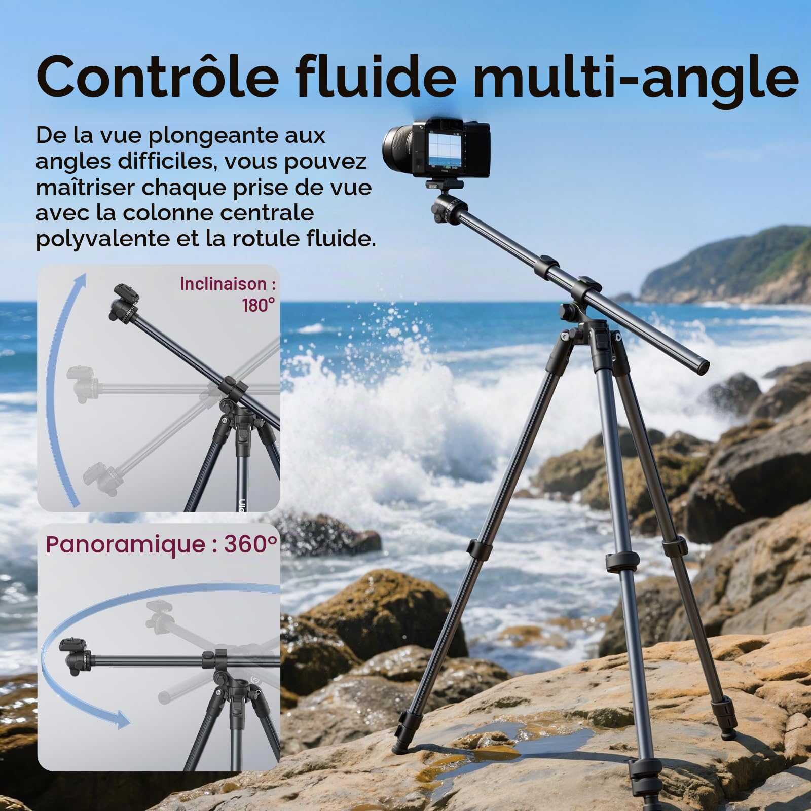 ULANZI TT59 175cm Trépied Appareil Photo avec Colonne Centrale Rotative à 360 degrés et Rotule, Trépied Horizontal Pliable en Aluminium pour DSLR Caméscope Smartphones (Poids 1,25 kg, Charge 10 kg)