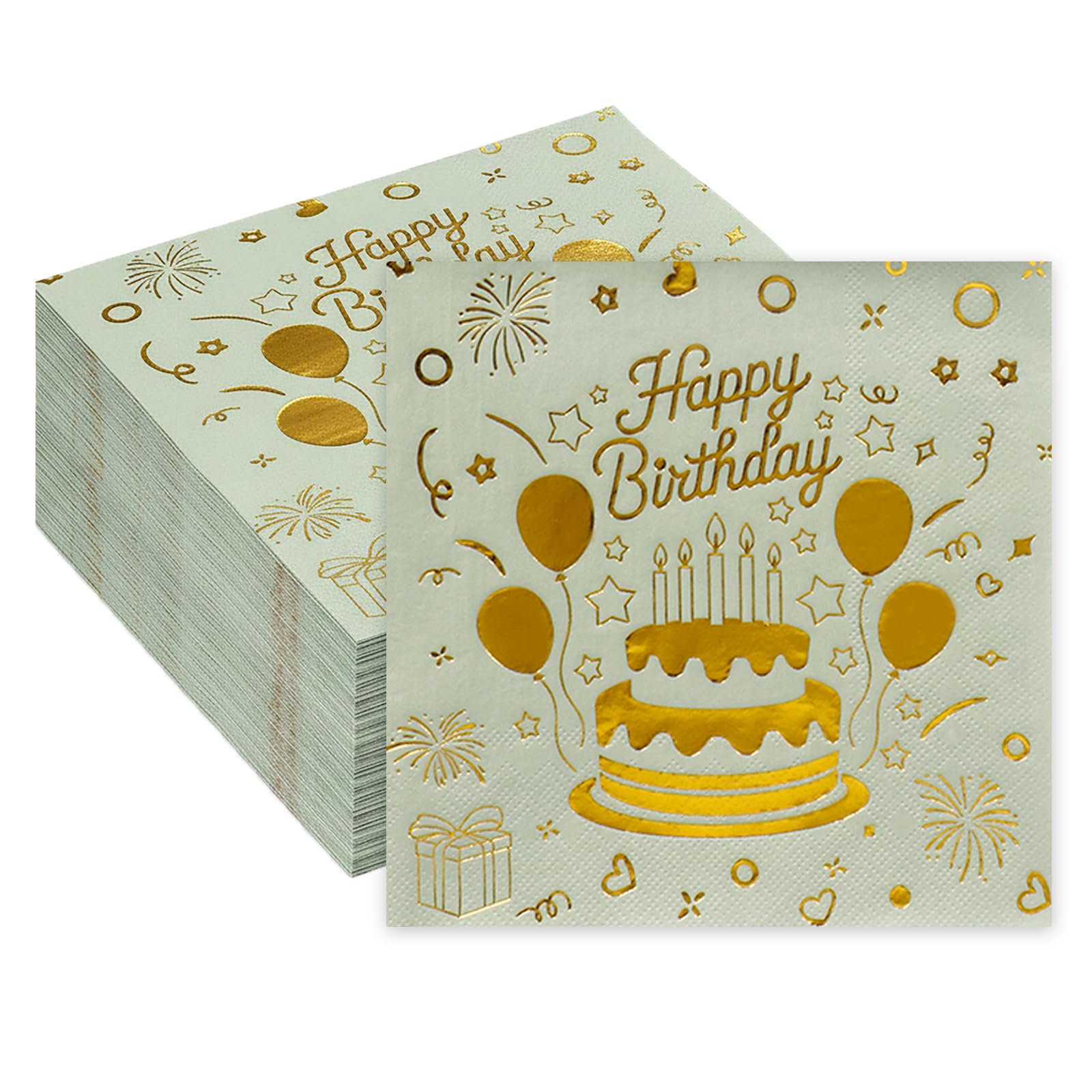 40 Pcs Happy Birthday Napkins - Sage Green Napkins Gold Disposable Party, Serviettes for Table Decorations Cocktail Party Supplies, 33X33cm