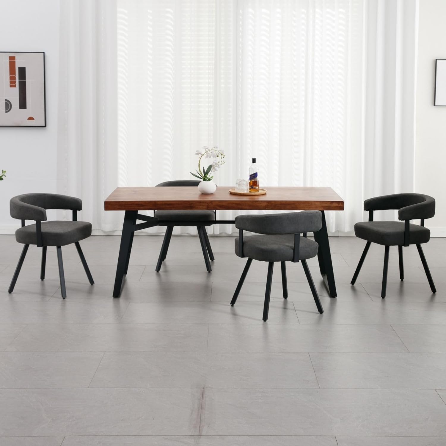 LukeAlon PU Leather Dining Chairs Set of 2, Simple Upholstered Side Chair with Padded Open Barrel Back Modern Guest Chair Home Office Desk Chair with Black Metal Legs for Kitchen Dining Room, Grey